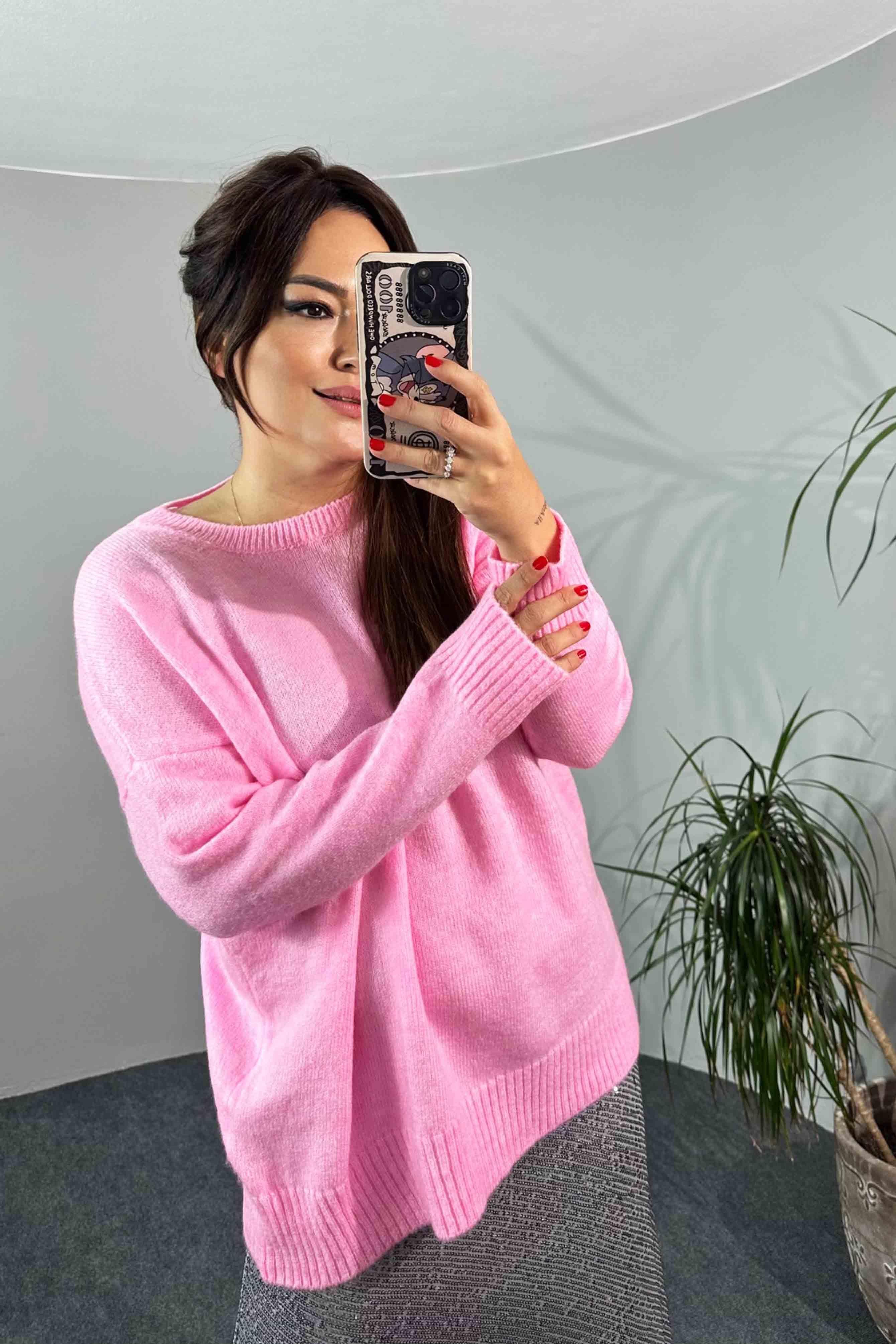Akrilik Örme Bisiklet Yaka Oversize Kadın Kazak Toz Pembe