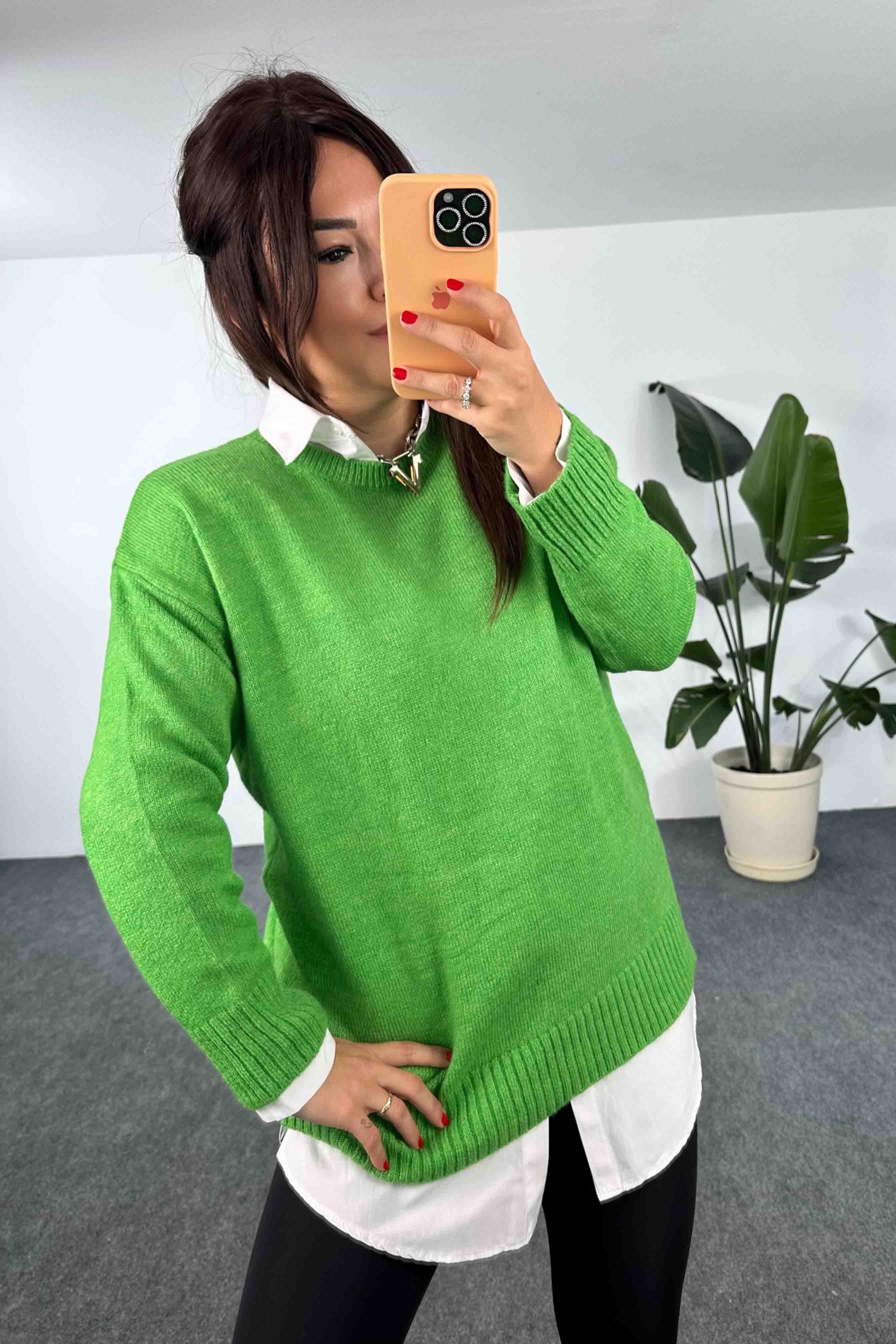 Akrilik Örme Bisiklet Yaka Oversize Kadın Kazak Açık Yeşil