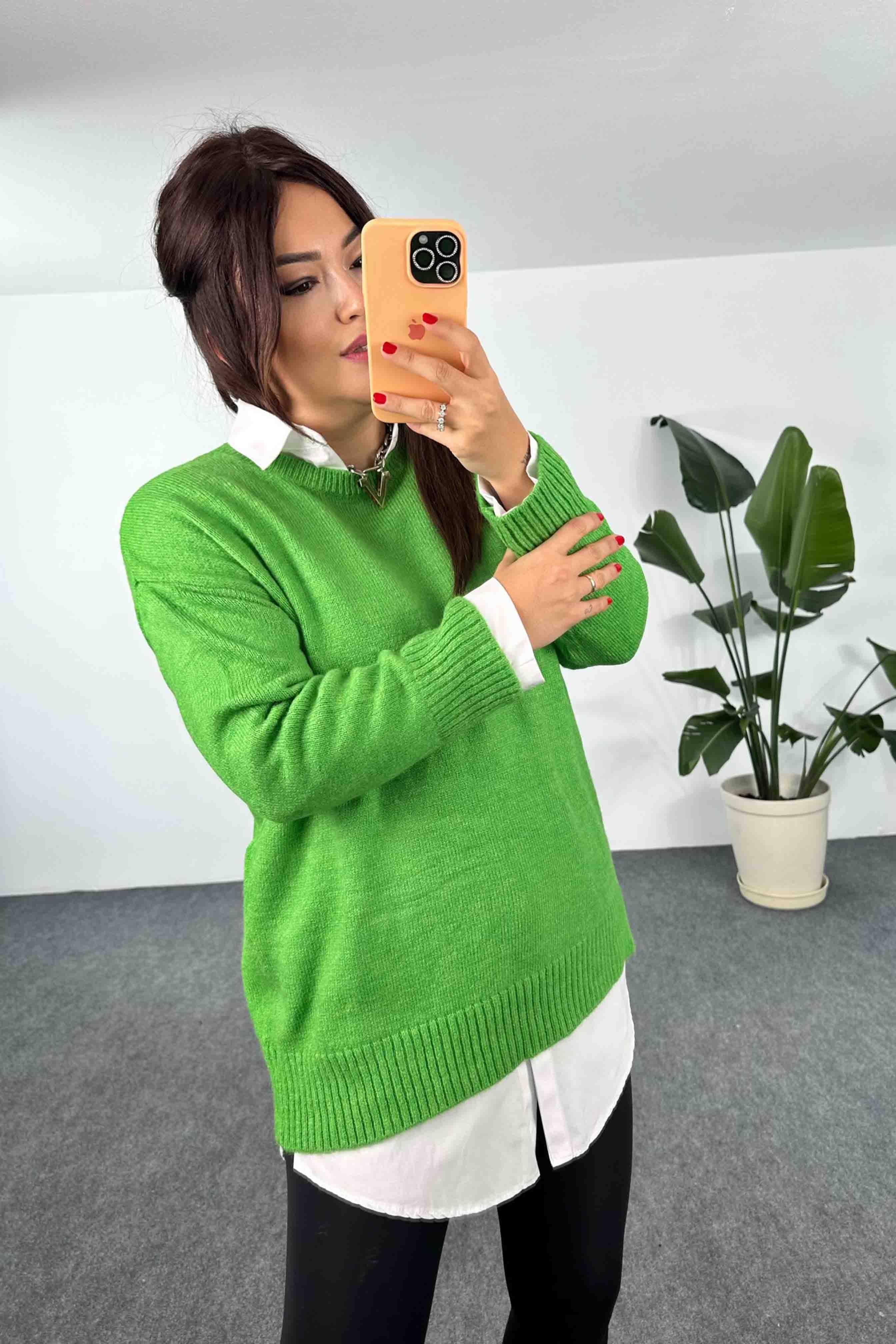 Akrilik Örme Bisiklet Yaka Oversize Kadın Kazak Açık Yeşil