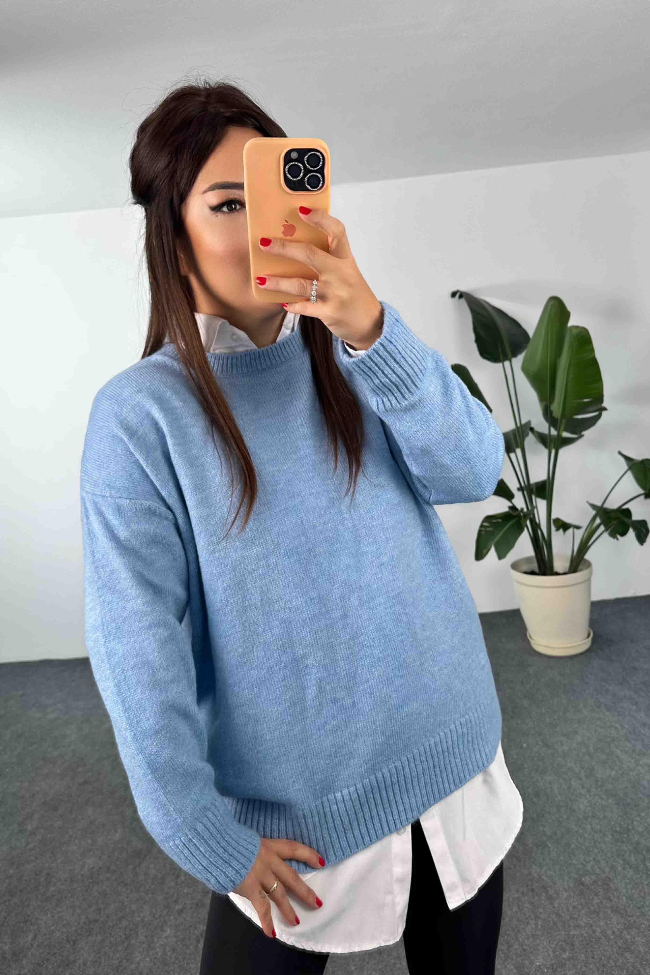 Akrilik Örme Bisiklet Yaka Oversize Kadın Kazak Bebe