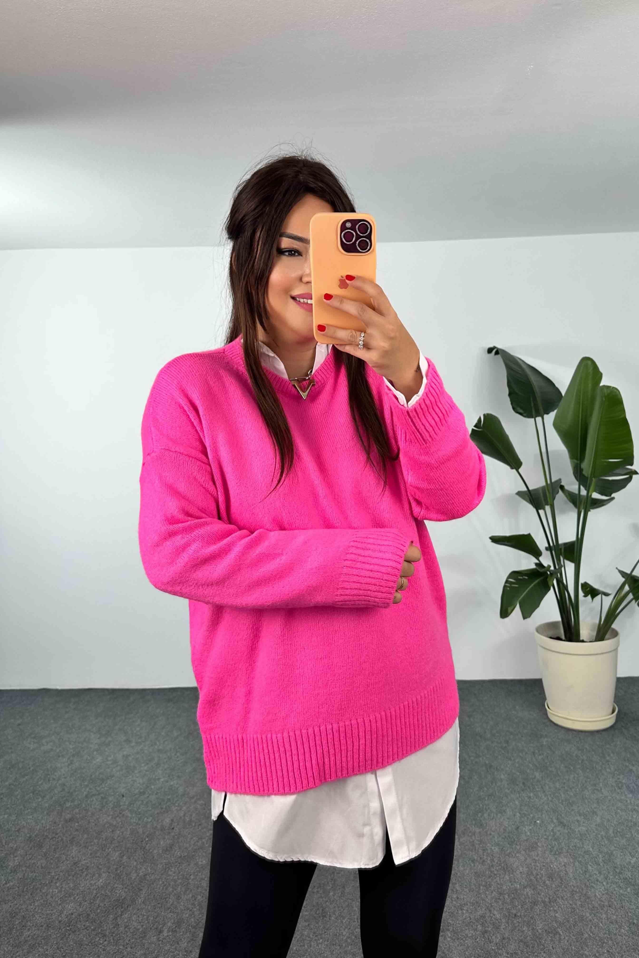 Akrilik Örme Bisiklet Yaka Oversize Kadın Kazak Pembe