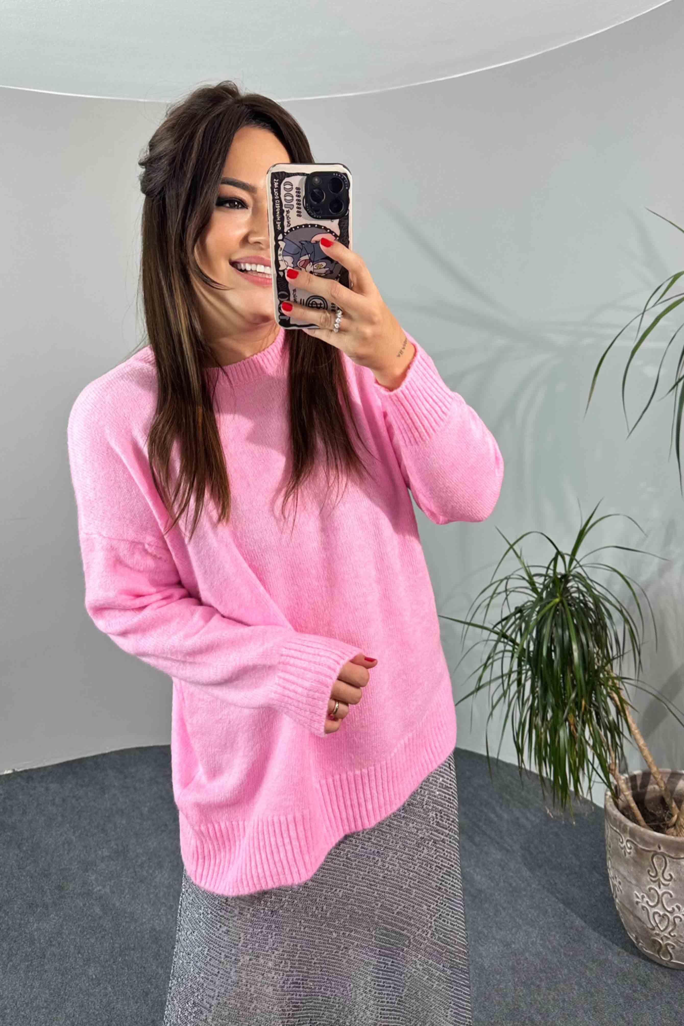 Akrilik Örme Bisiklet Yaka Oversize Kadın Kazak Toz Pembe