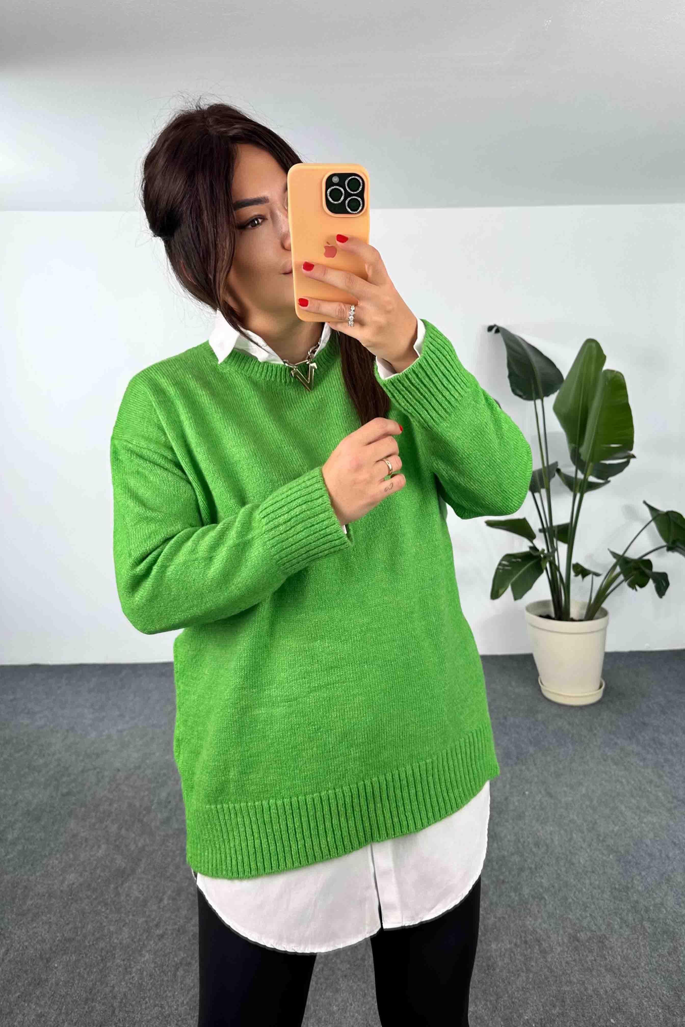 Akrilik Örme Bisiklet Yaka Oversize Kadın Kazak Açık Yeşil