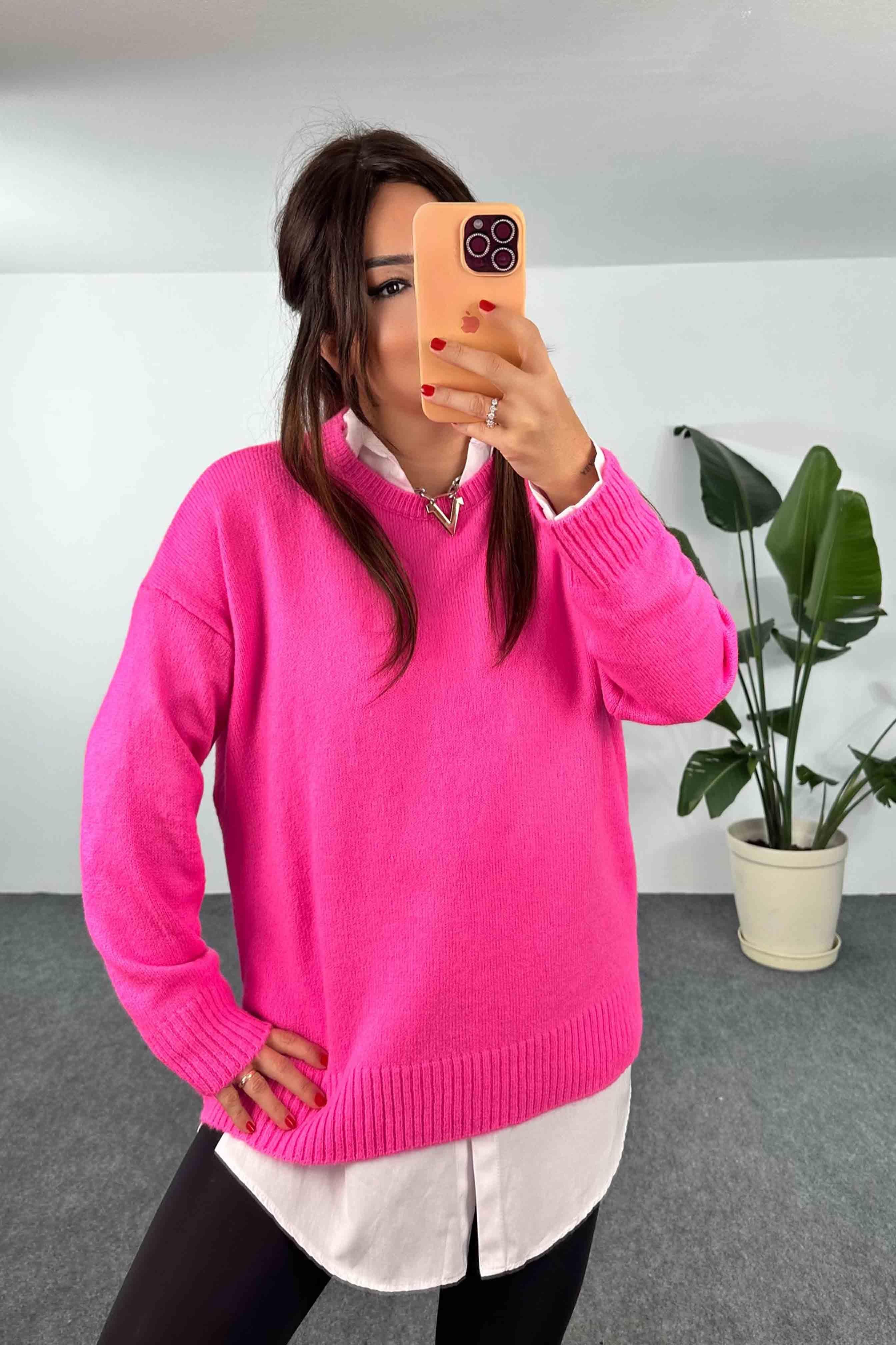 Akrilik Örme Bisiklet Yaka Oversize Kadın Kazak Pembe