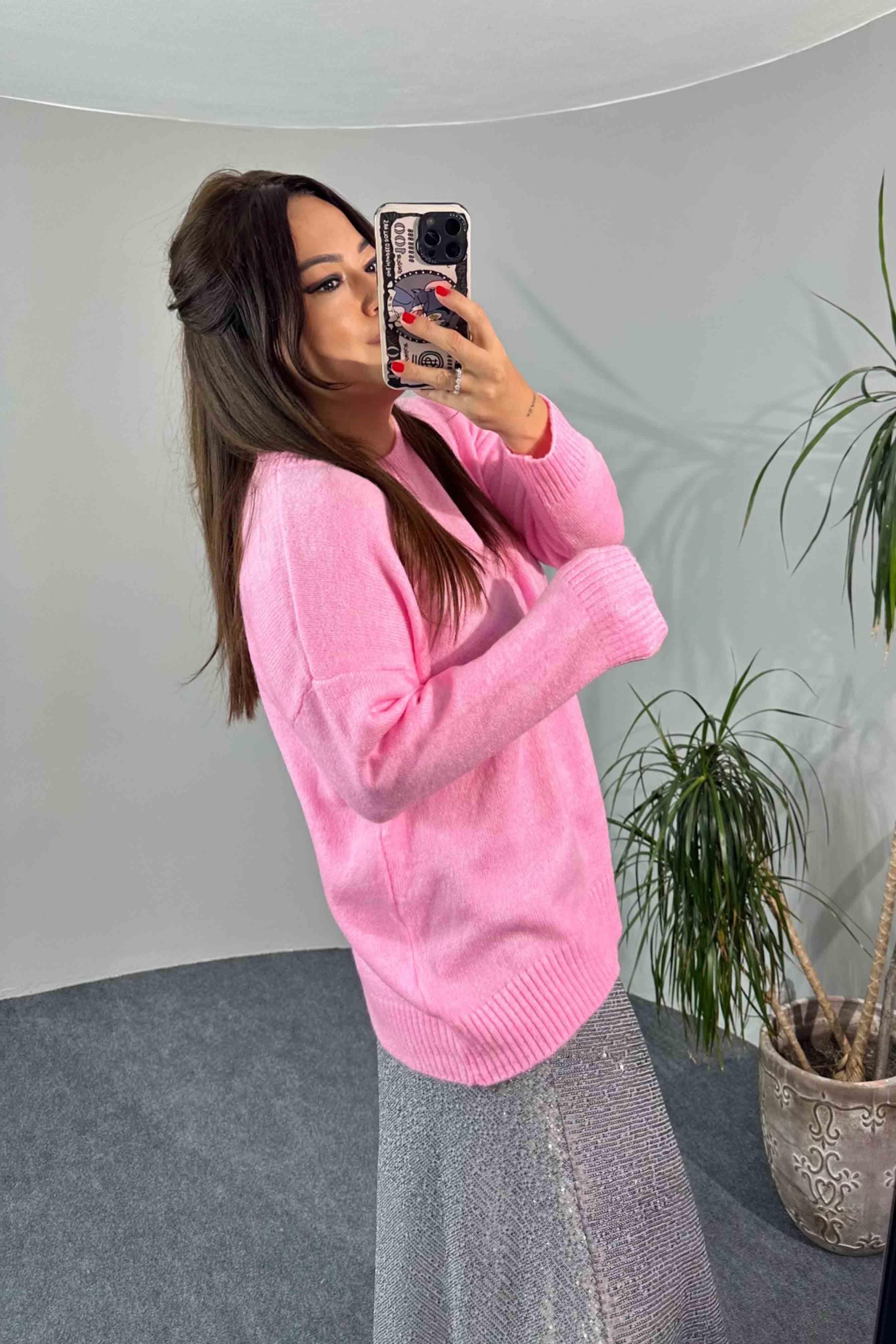 Akrilik Örme Bisiklet Yaka Oversize Kadın Kazak Toz Pembe