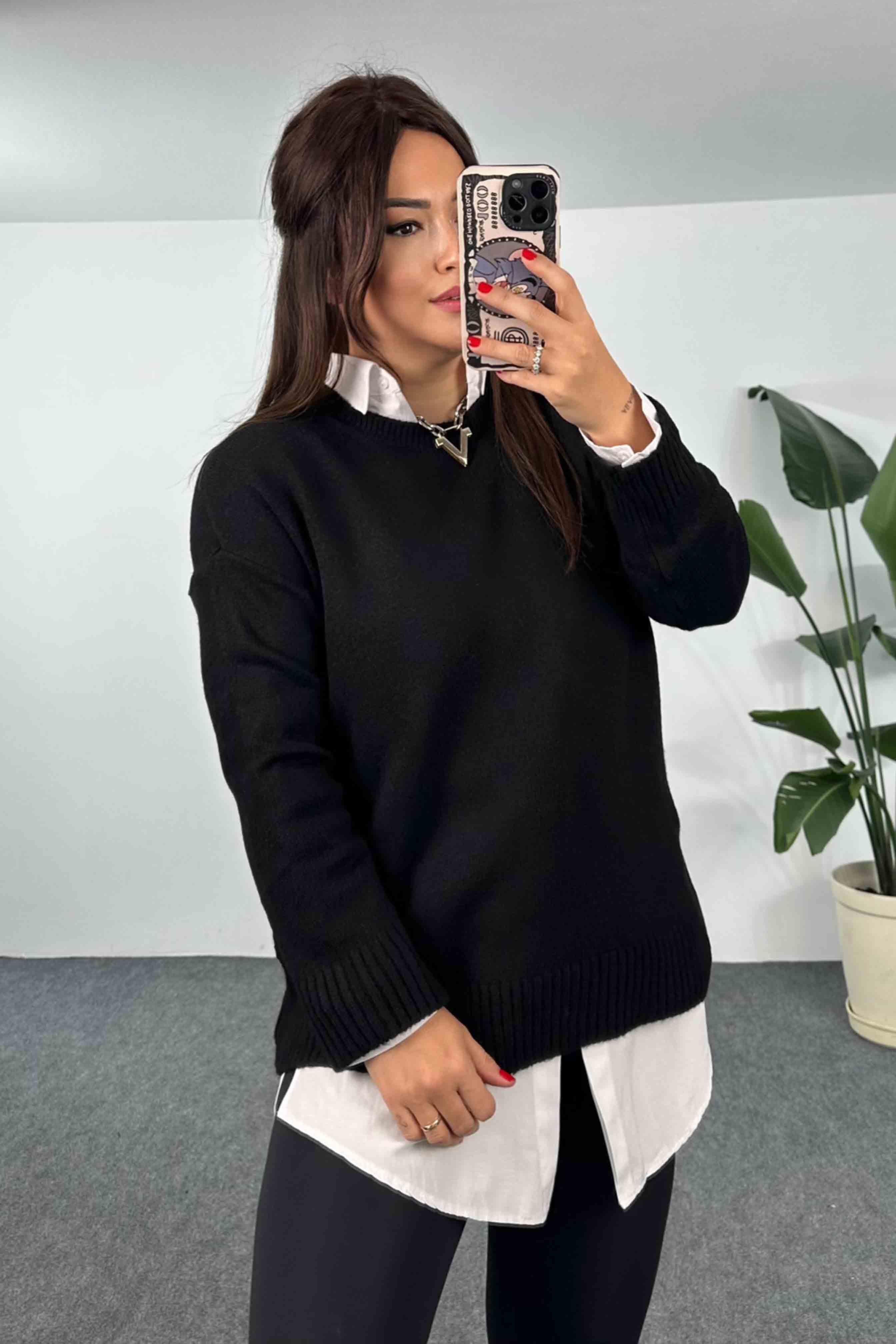 Akrilik Örme Bisiklet Yaka Oversize Kadın Kazak Siyah