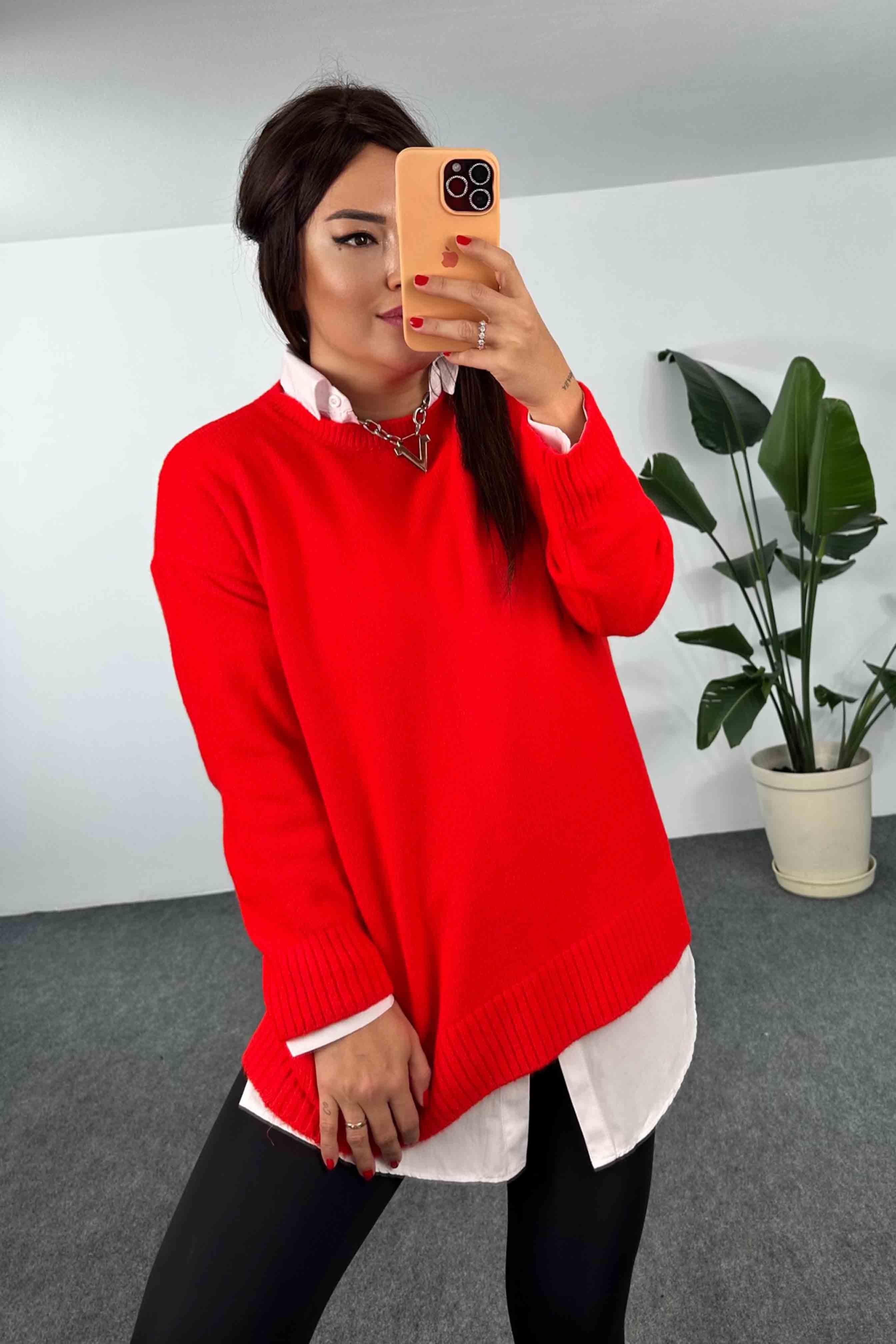 Akrilik Örme Bisiklet Yaka Oversize Kadın Kazak Kırmızı