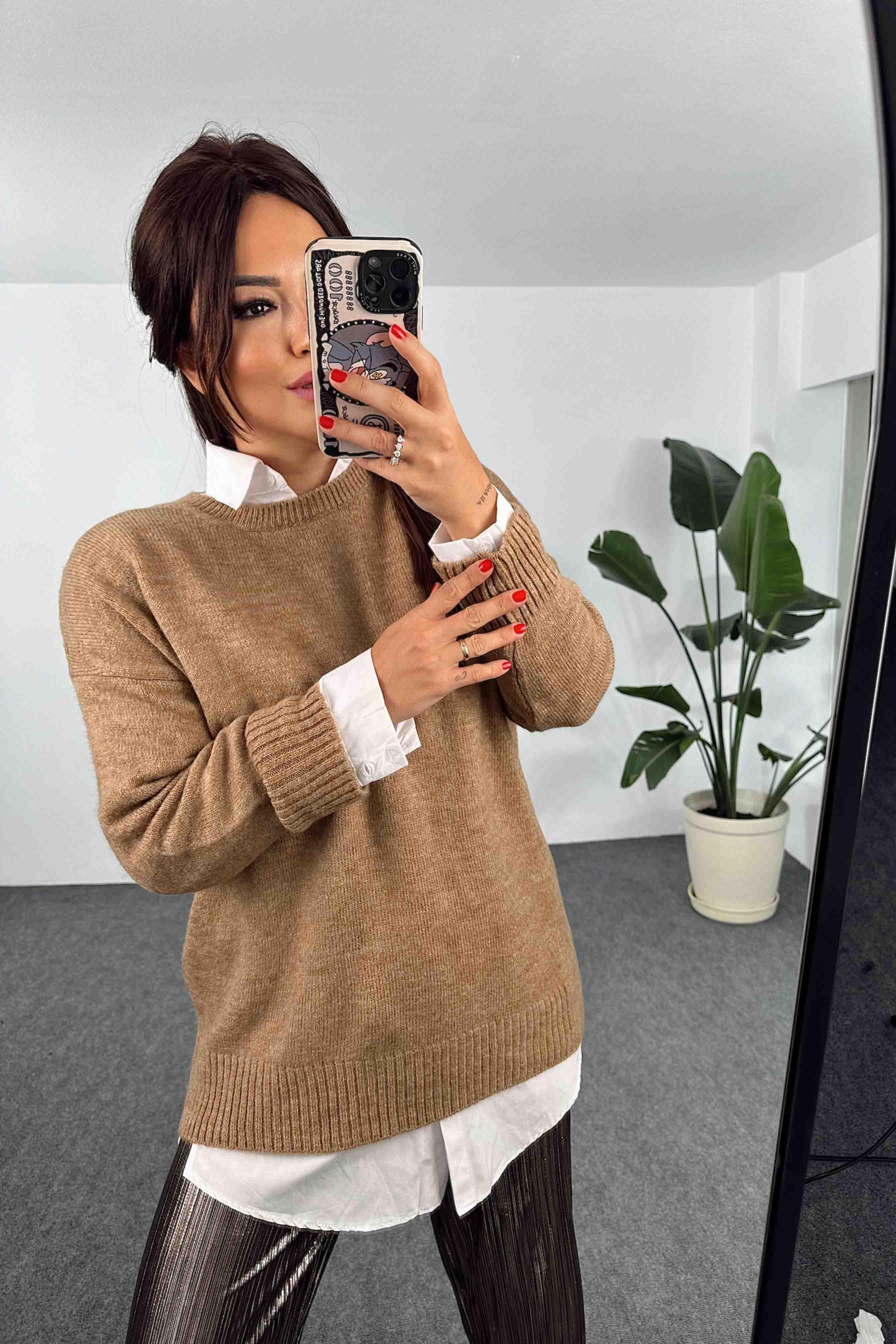 Akrilik Örme Bisiklet Yaka Oversize Kadın Kazak Camel