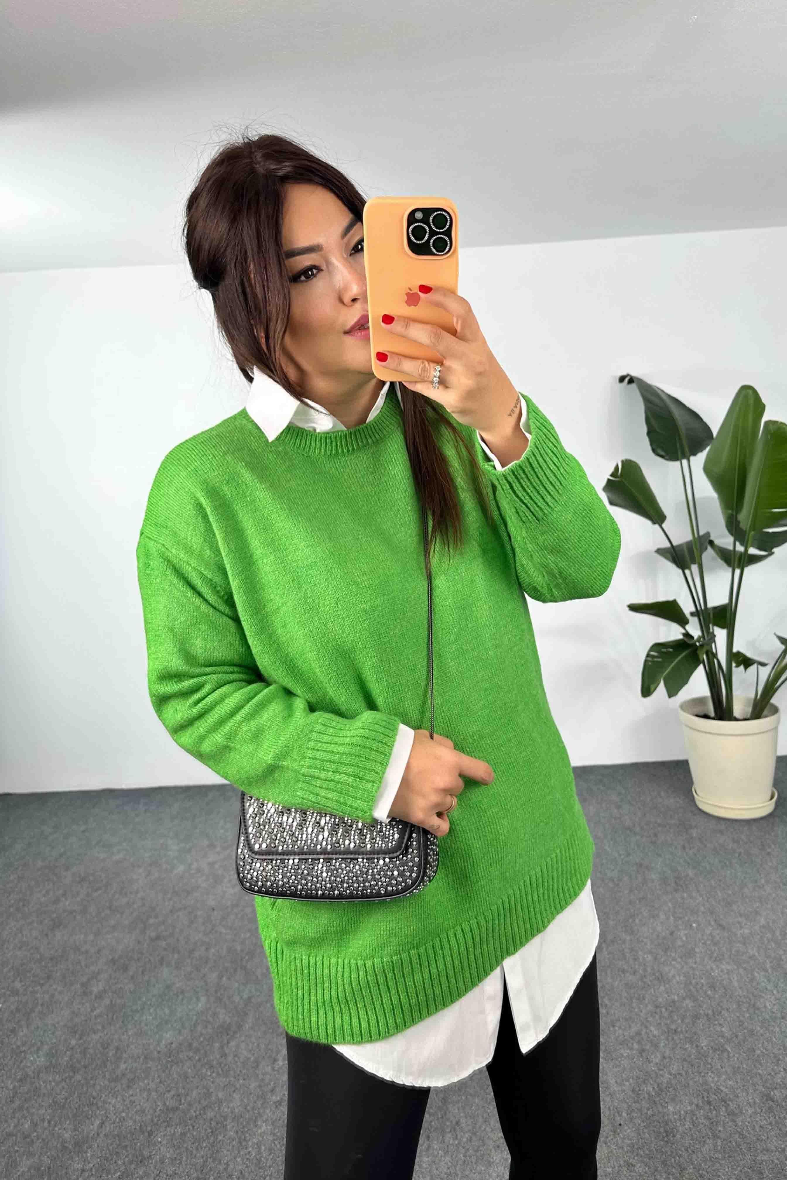 Akrilik Örme Bisiklet Yaka Oversize Kadın Kazak Açık Yeşil