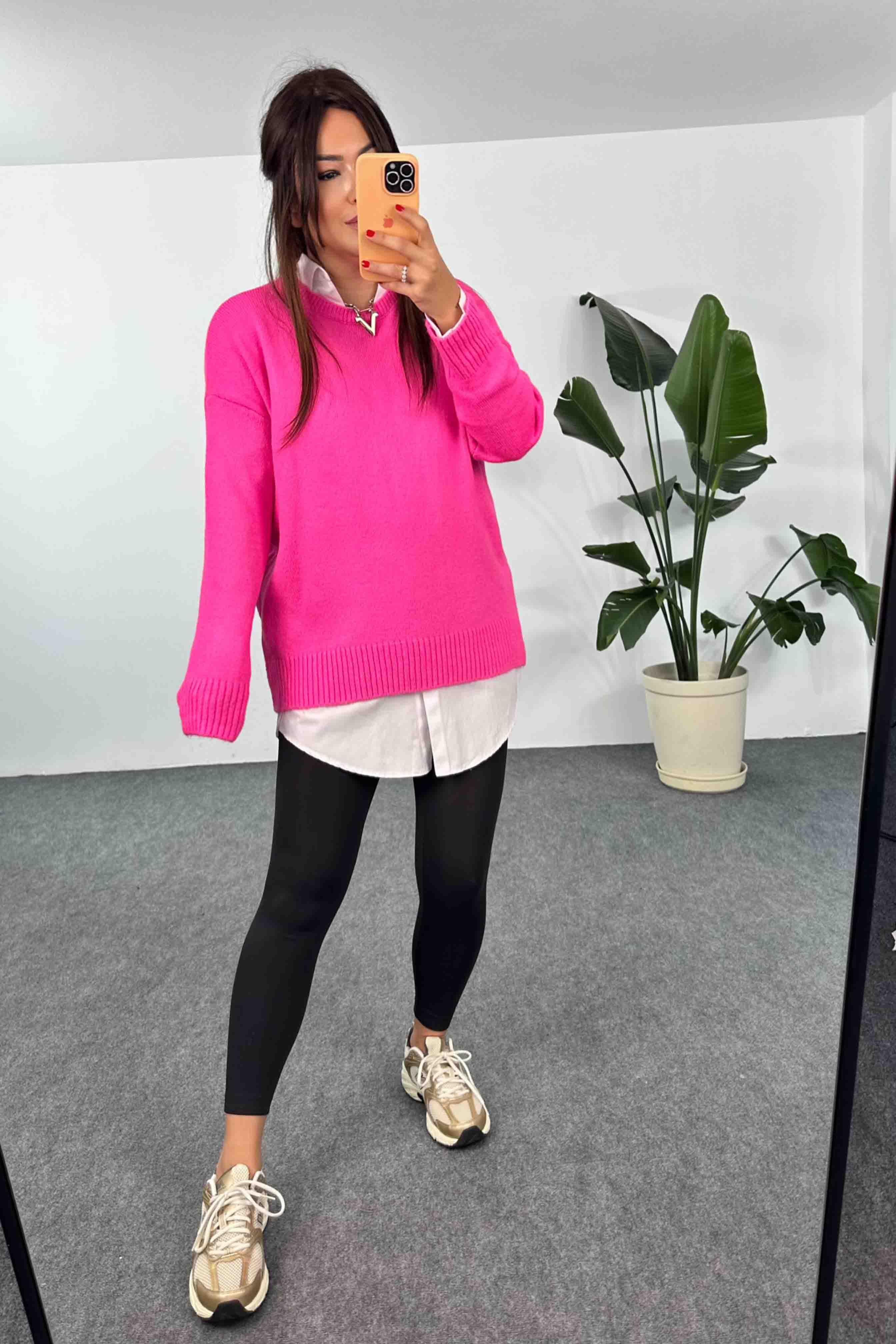 Akrilik Örme Bisiklet Yaka Oversize Kadın Kazak Pembe