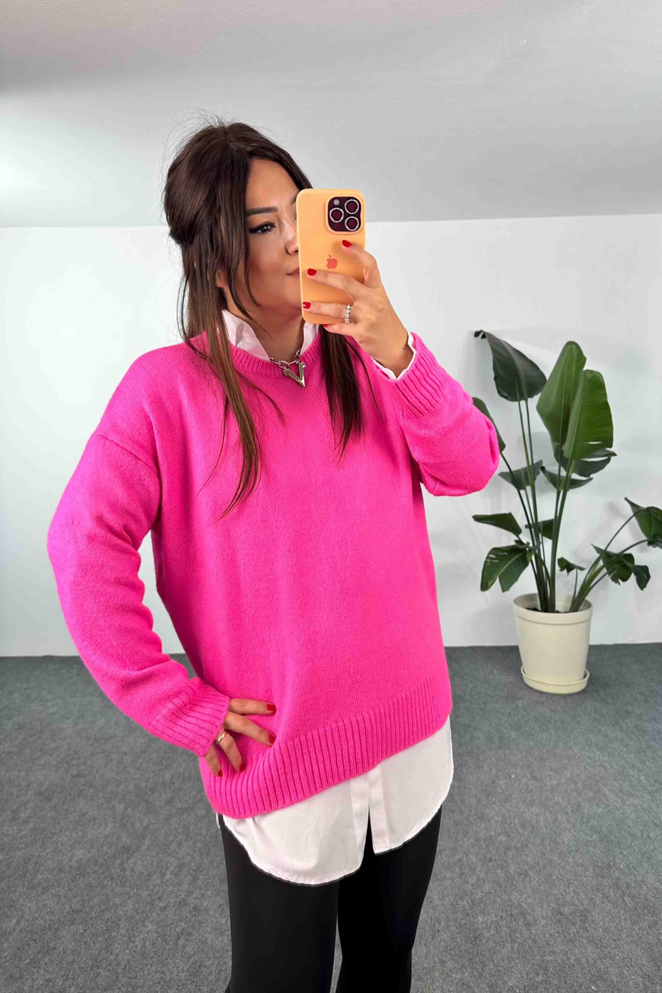 Akrilik Örme Bisiklet Yaka Oversize Kadın Kazak Pembe