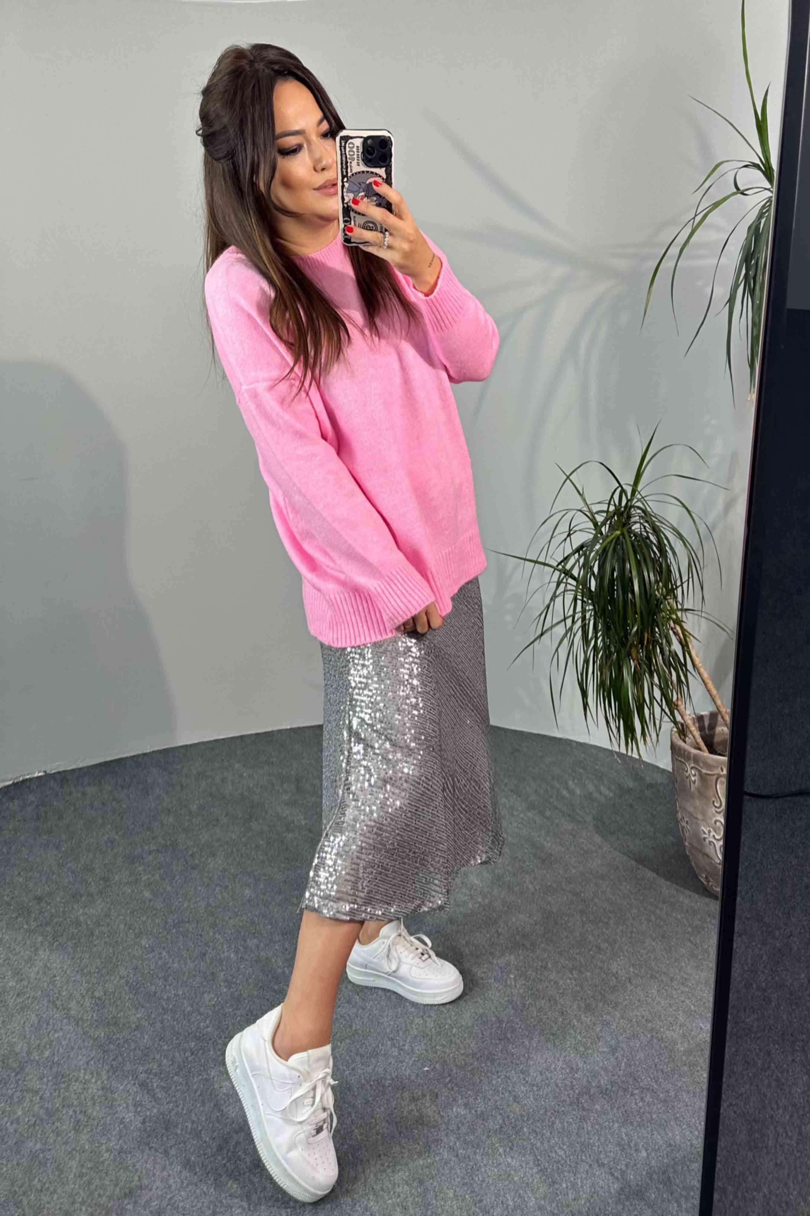 Akrilik Örme Bisiklet Yaka Oversize Kadın Kazak Toz Pembe