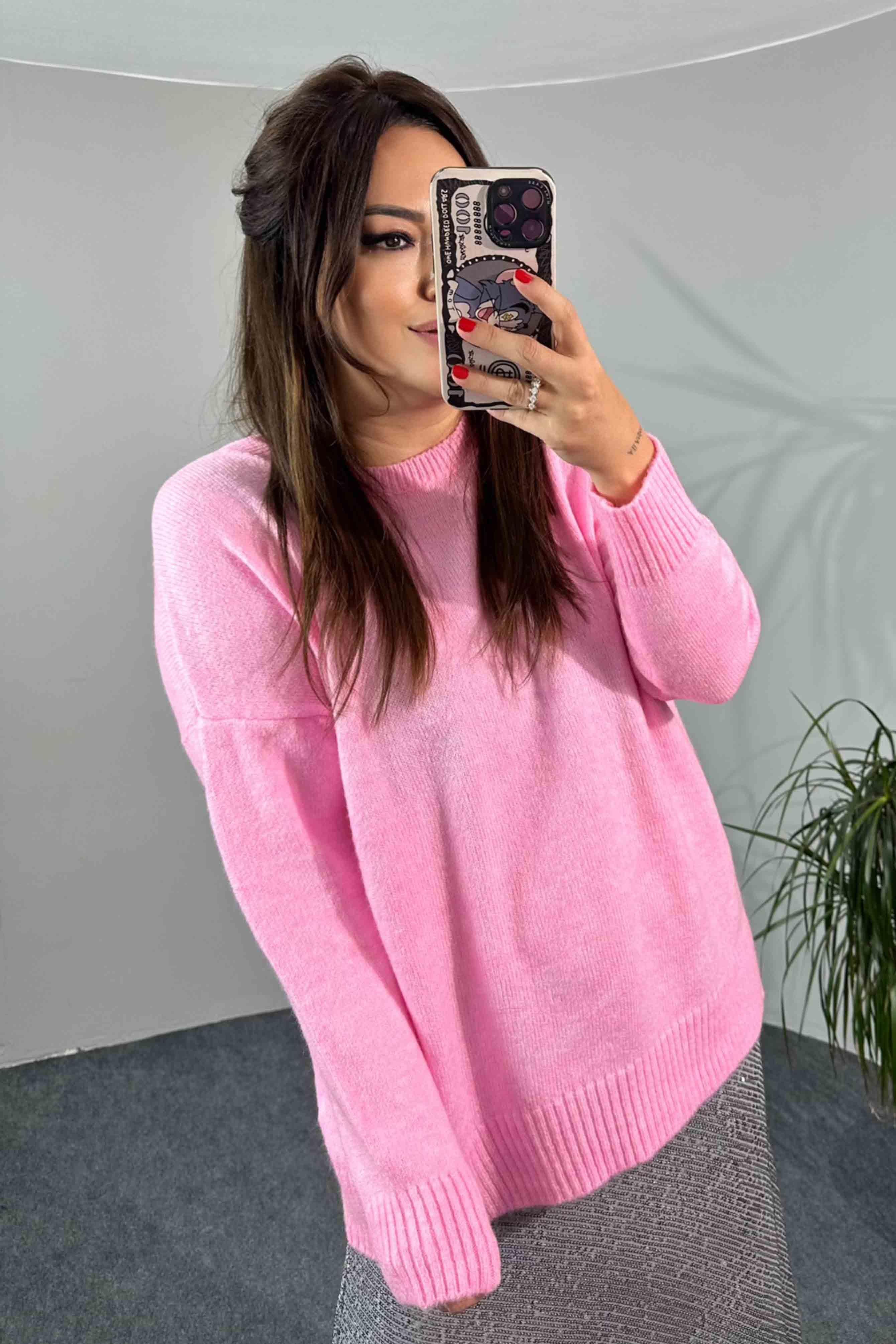 Akrilik Örme Bisiklet Yaka Oversize Kadın Kazak Toz Pembe