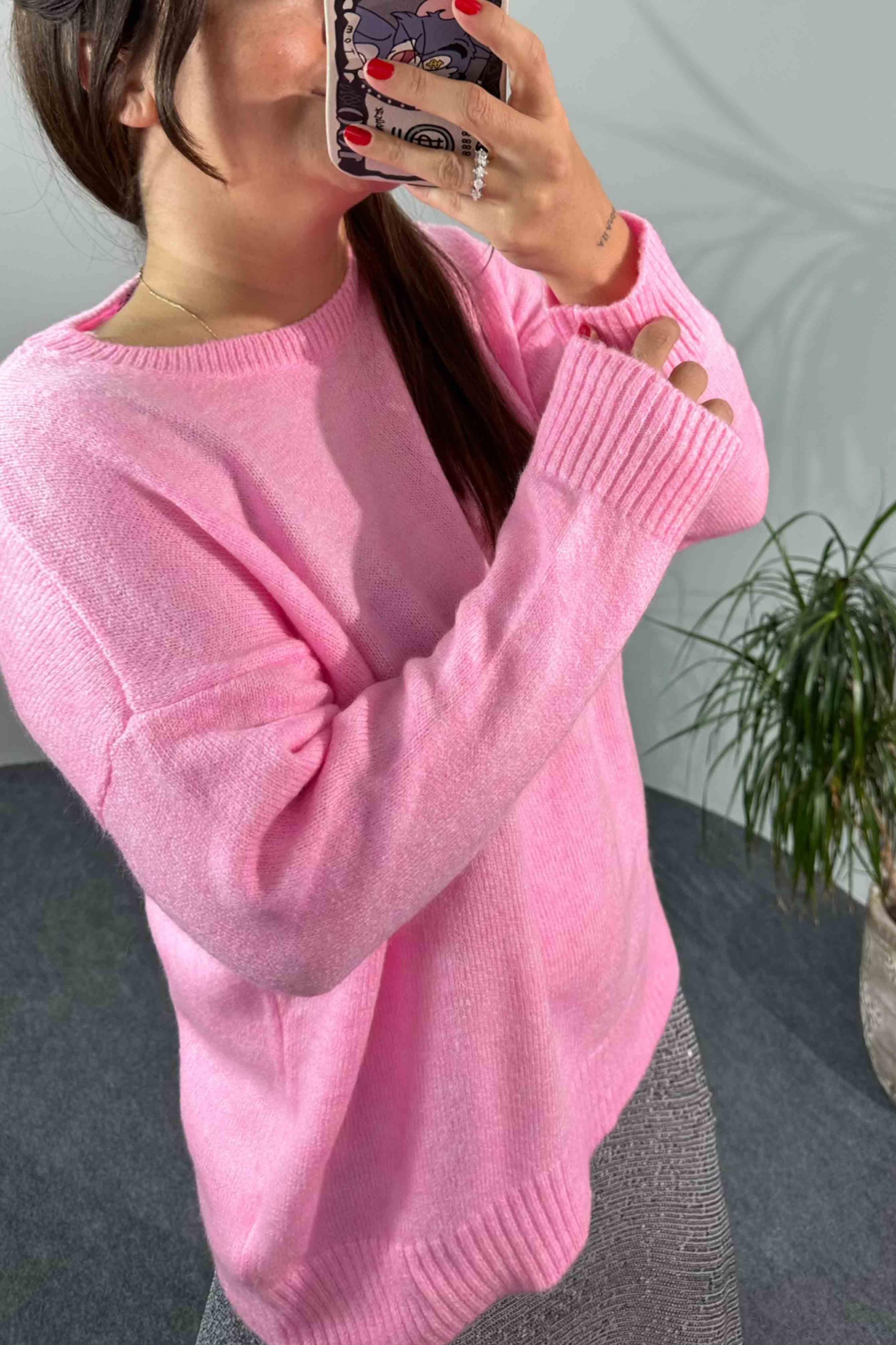 Akrilik Örme Bisiklet Yaka Oversize Kadın Kazak Toz Pembe