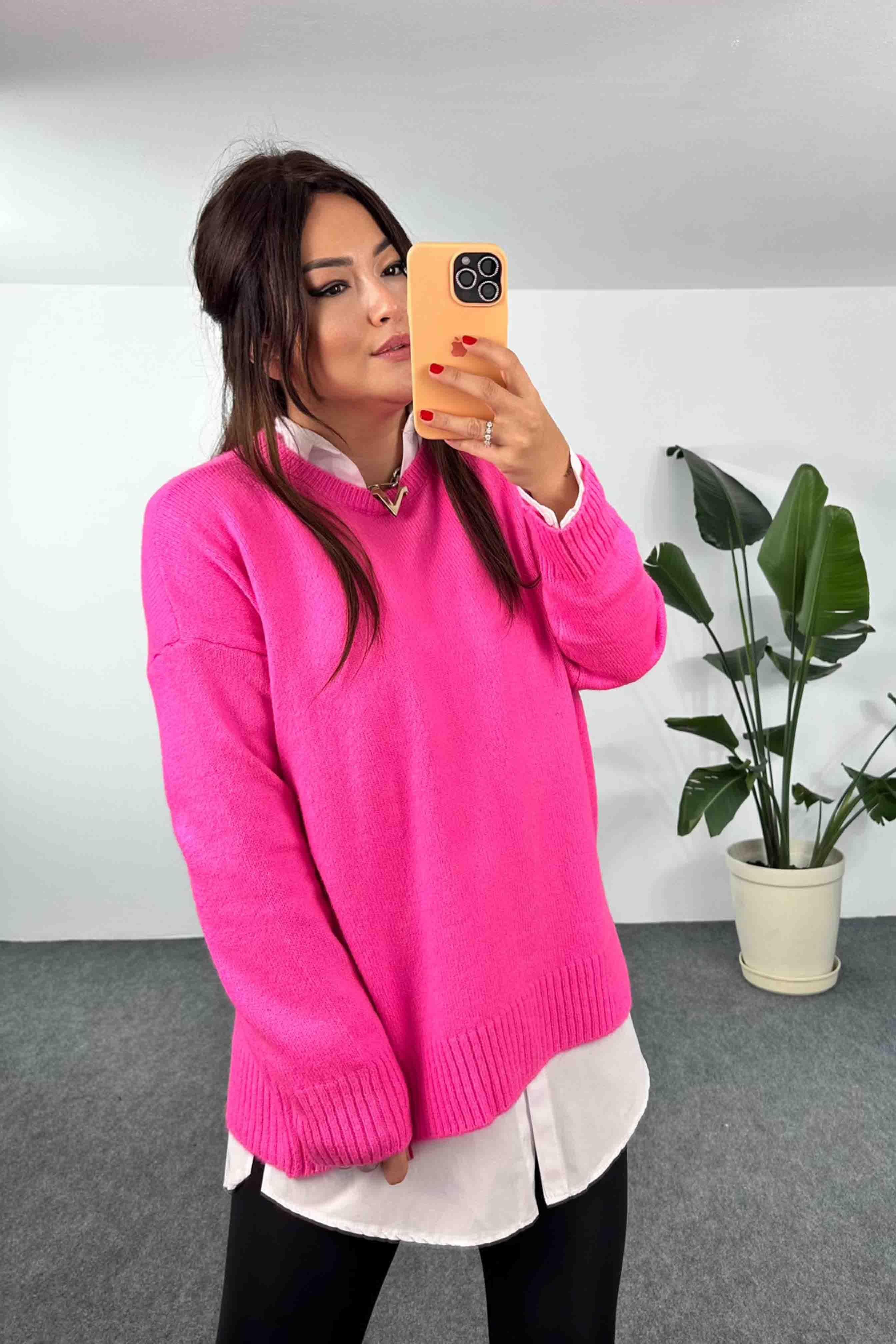 Akrilik Örme Bisiklet Yaka Oversize Kadın Kazak Pembe