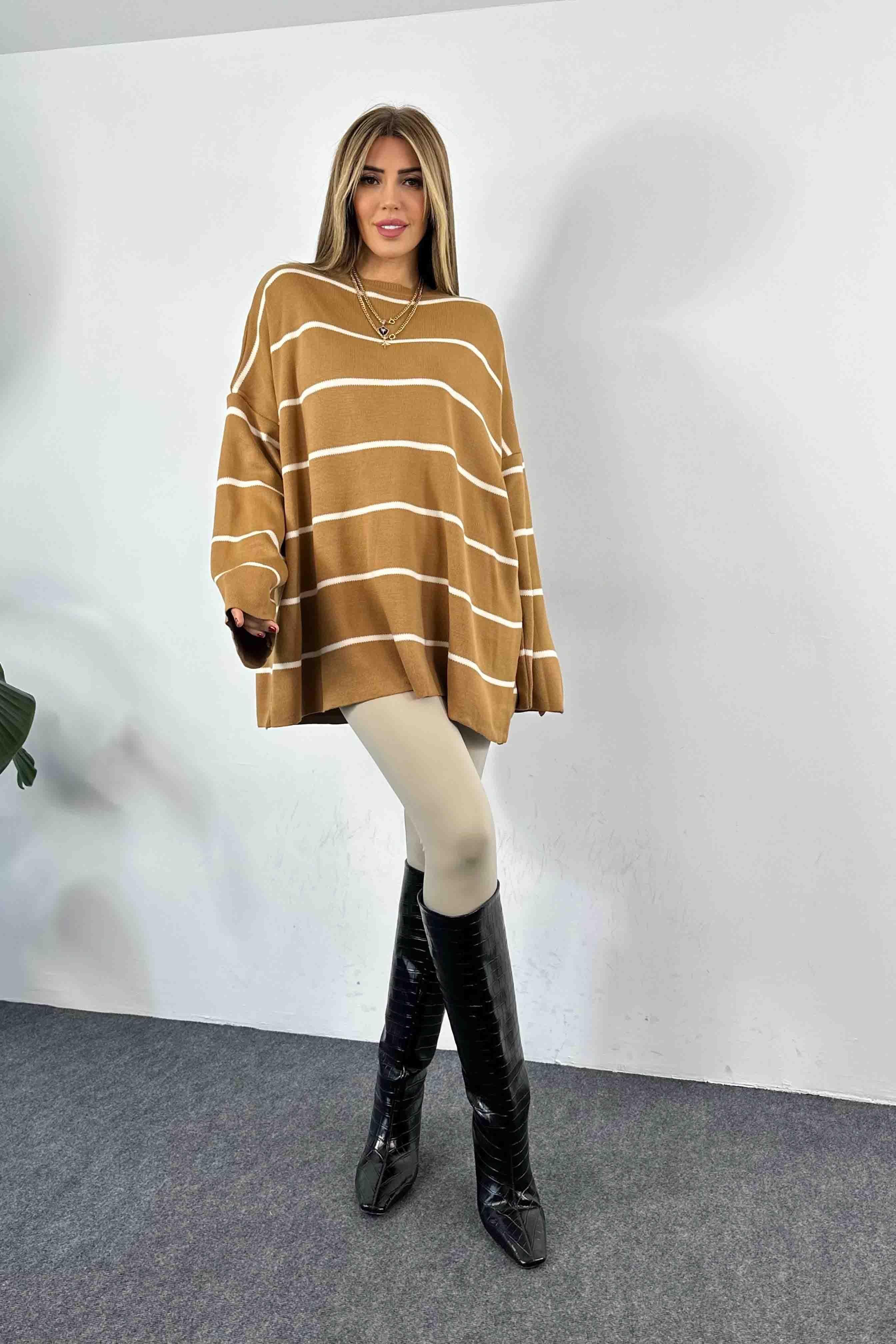 Akrilik Örme Çizgili Oversize Kazak Camel