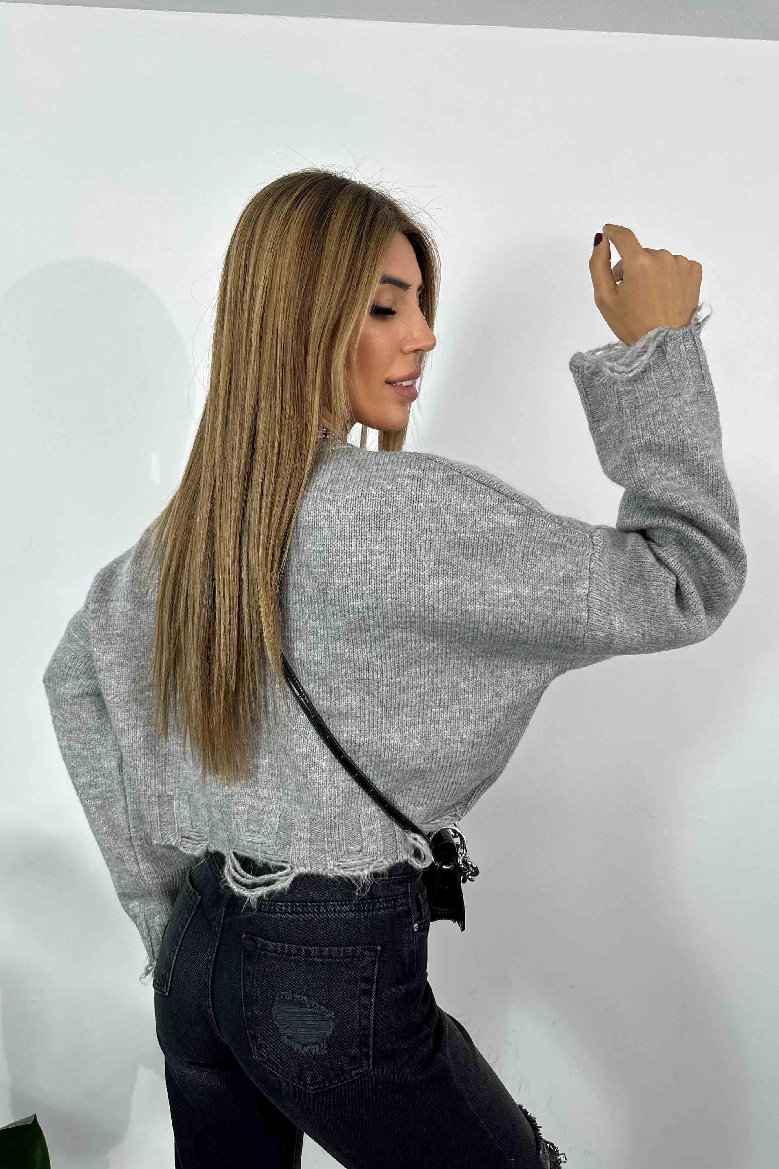 Akrilik Örme Crop Kazak Gri