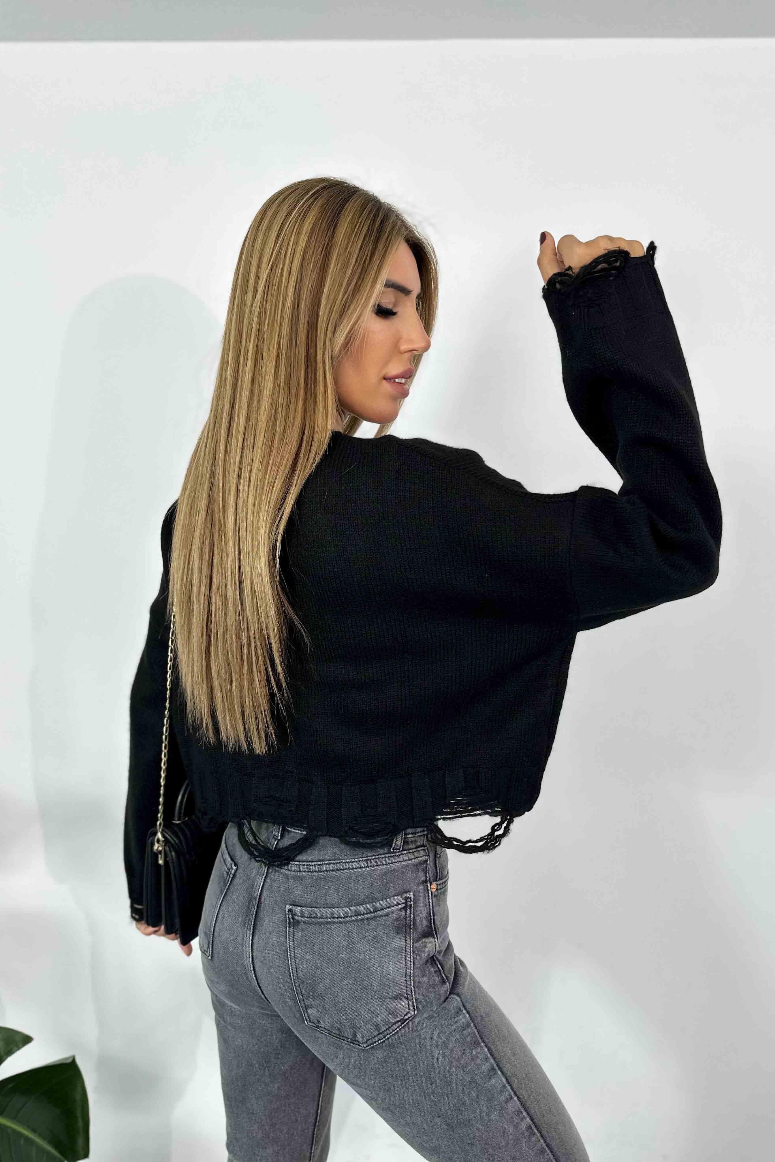 Akrilik Örme Crop Kazak Siyah