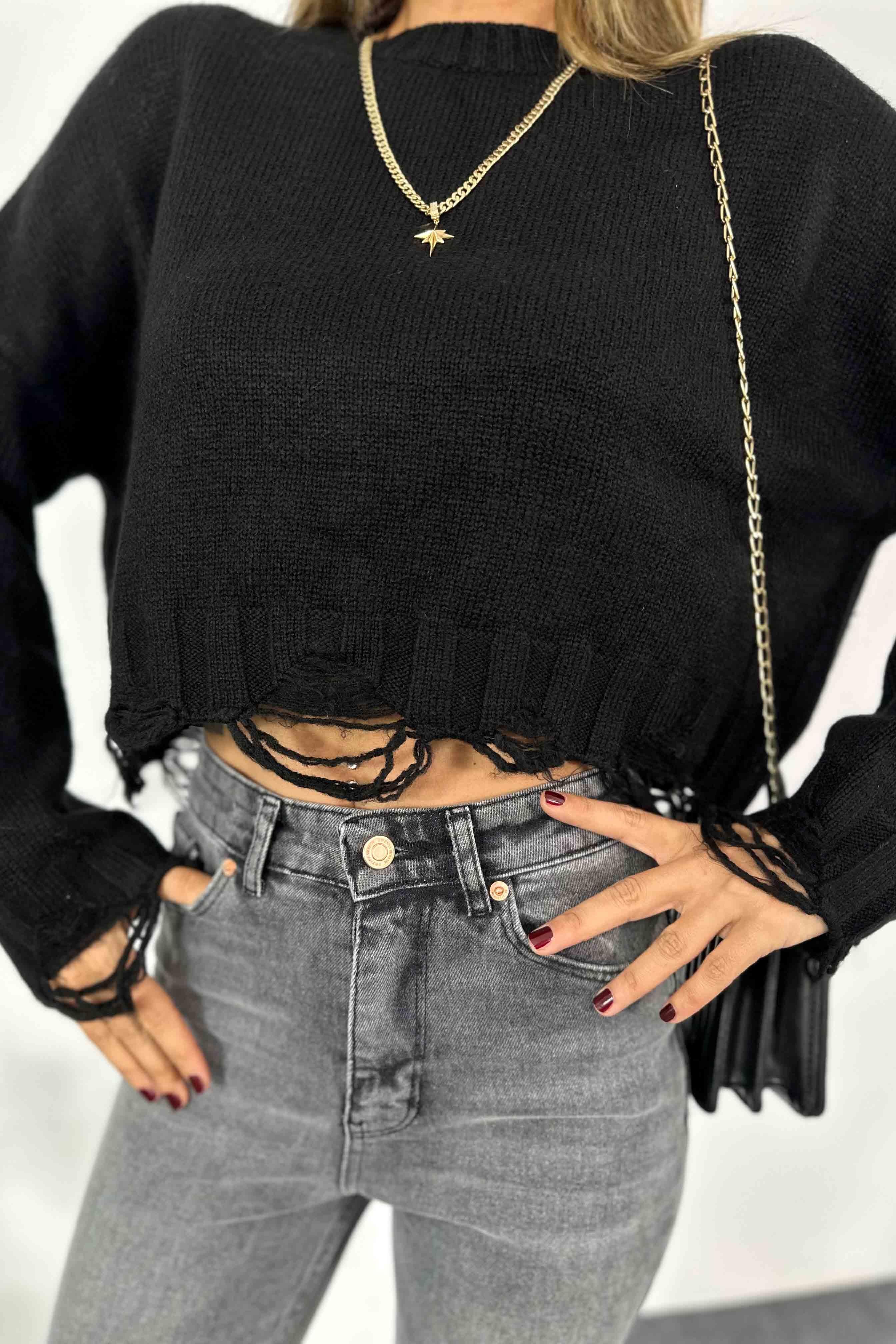 Akrilik Örme Crop Kazak Siyah