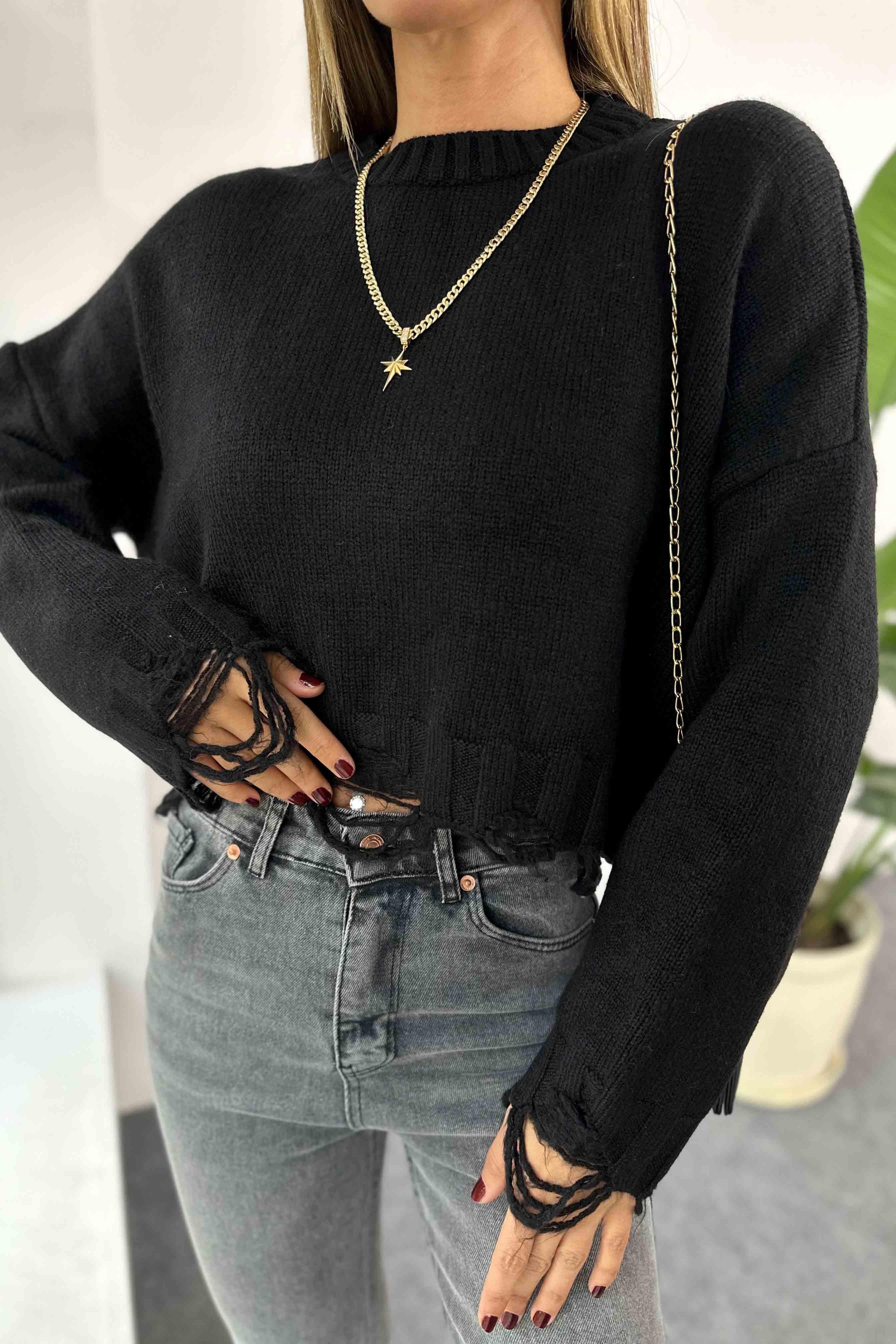 Akrilik Örme Crop Kazak Siyah