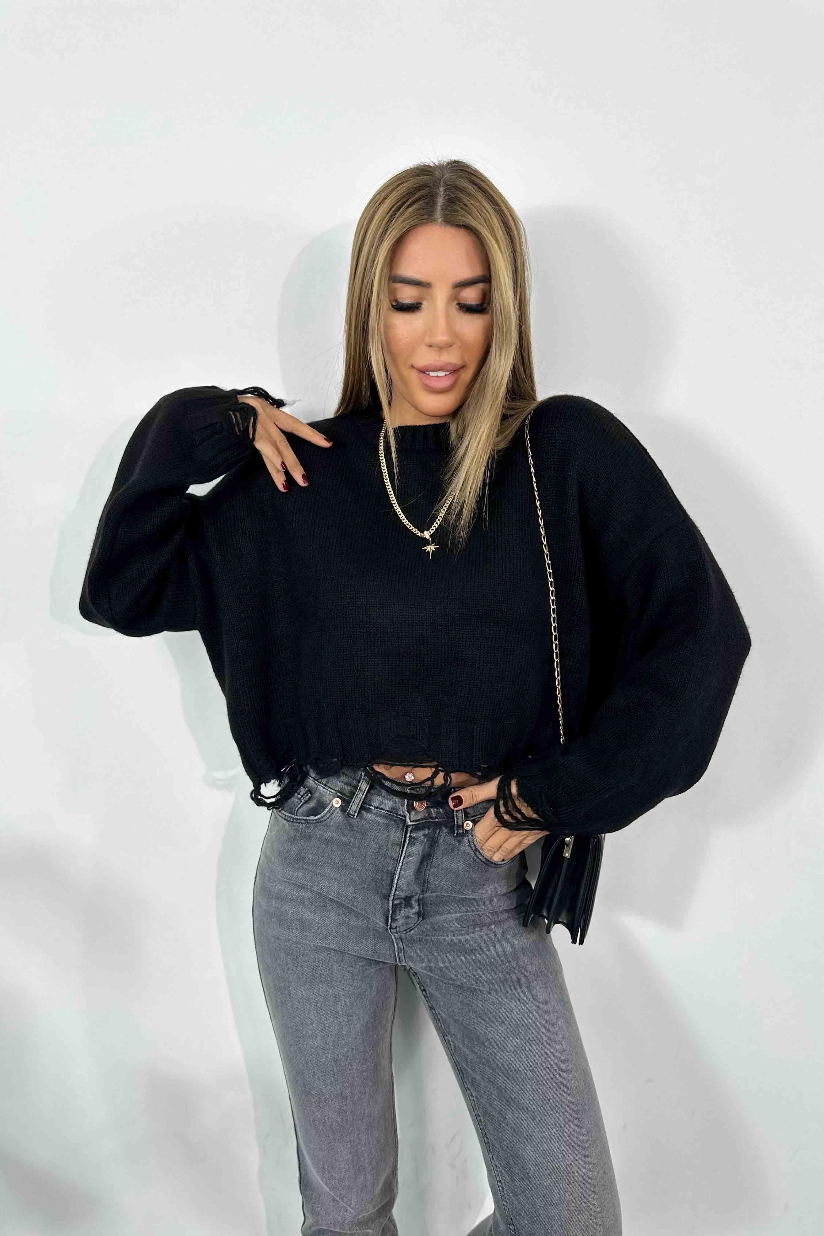 Akrilik Örme Crop Kazak Siyah