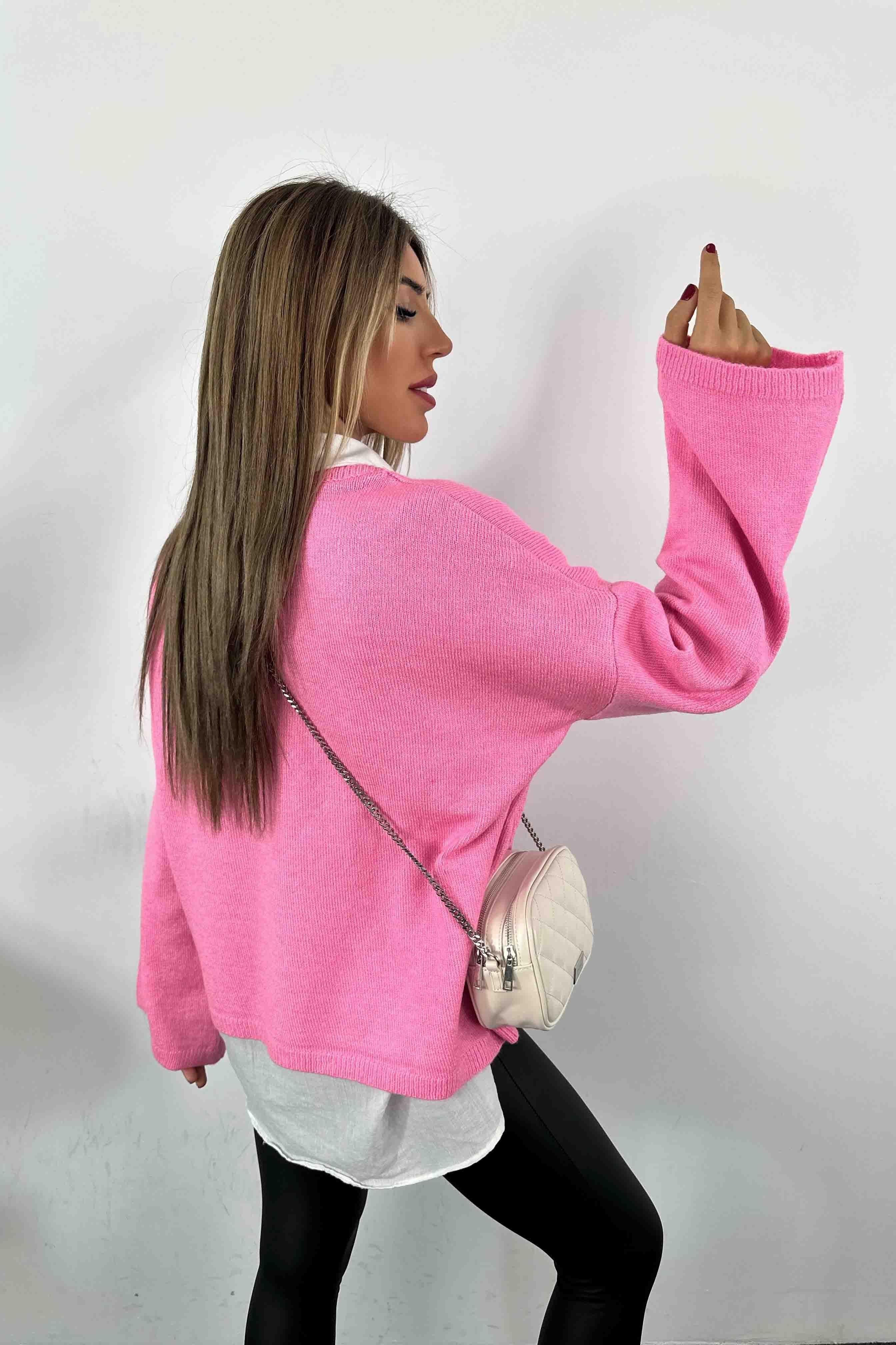 Akrilik Örme Oversize Kadın Kazak Pembe