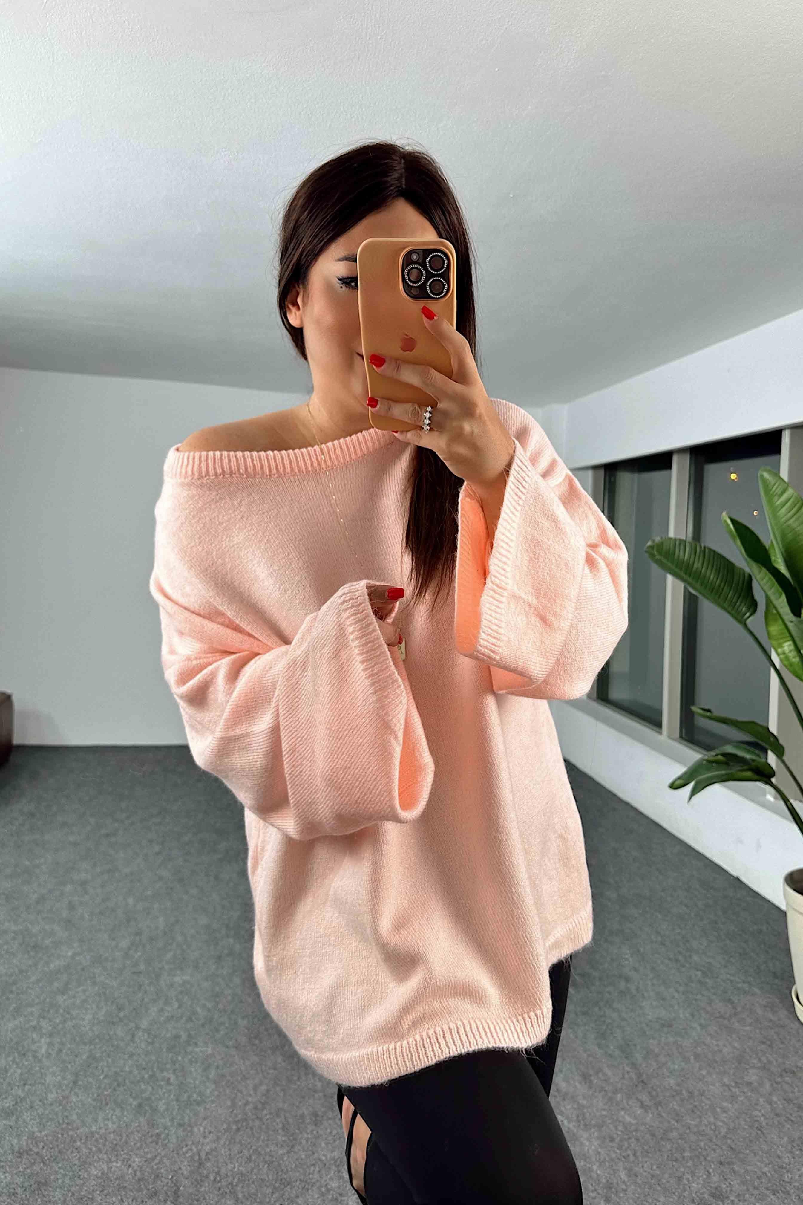 Akrilik Örme Oversize Kadın Kazak Şeftali