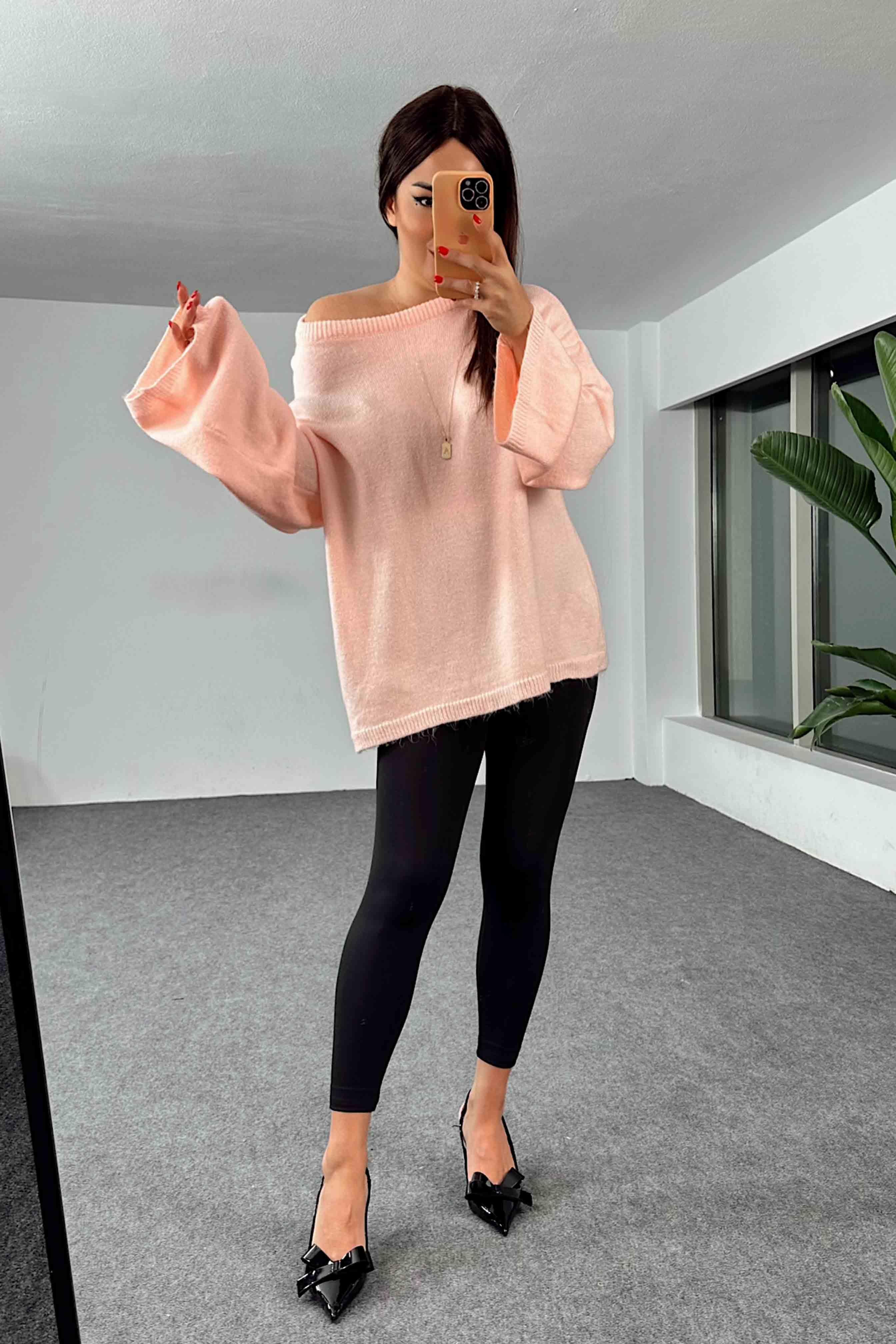 Akrilik Örme Oversize Kadın Kazak Şeftali