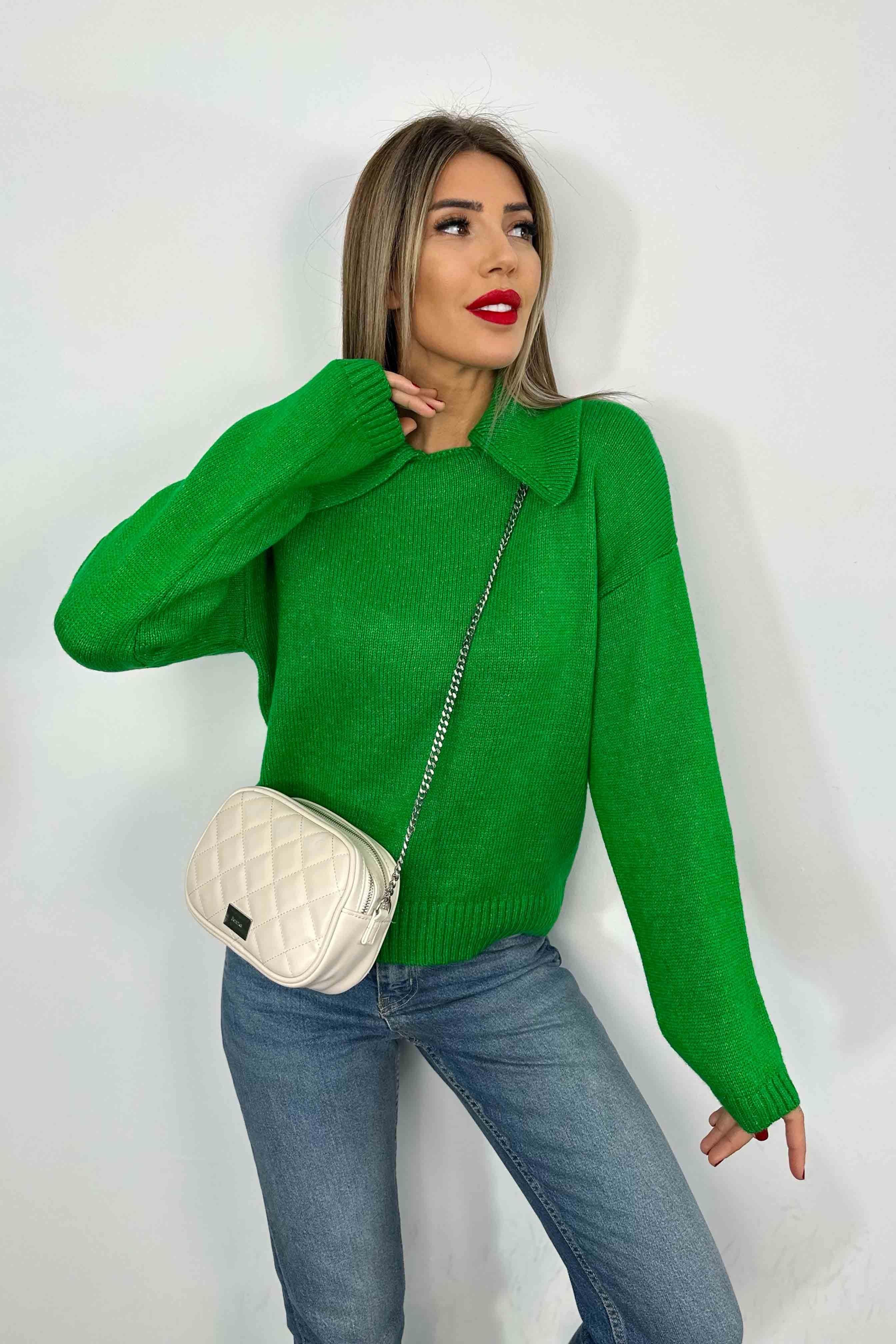 Akrilik Örme Polo Yaka Kadın Kazak Yeşil