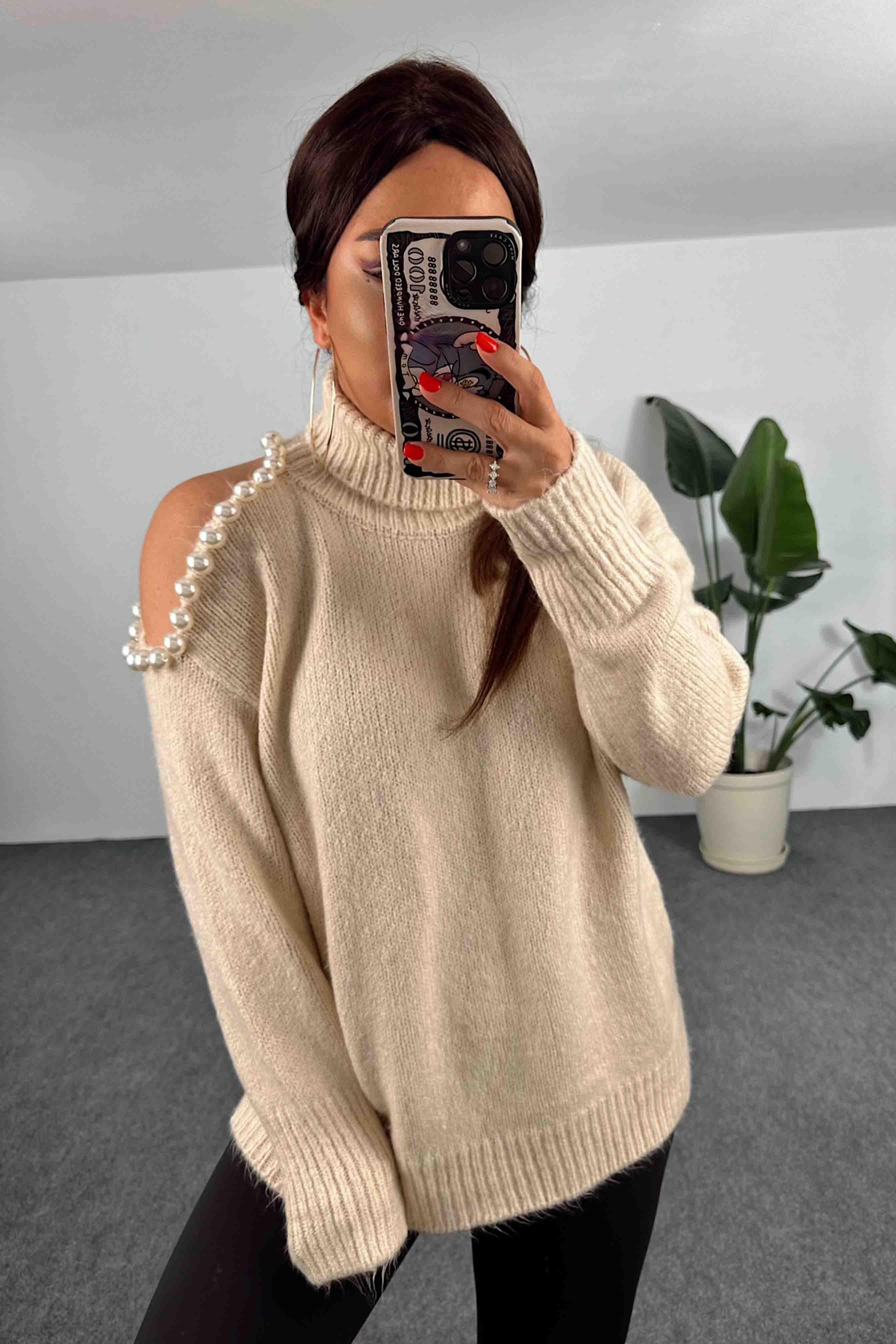 Akrilik Örme Tek Omuz İnci Detay Kadın Kazak Taş