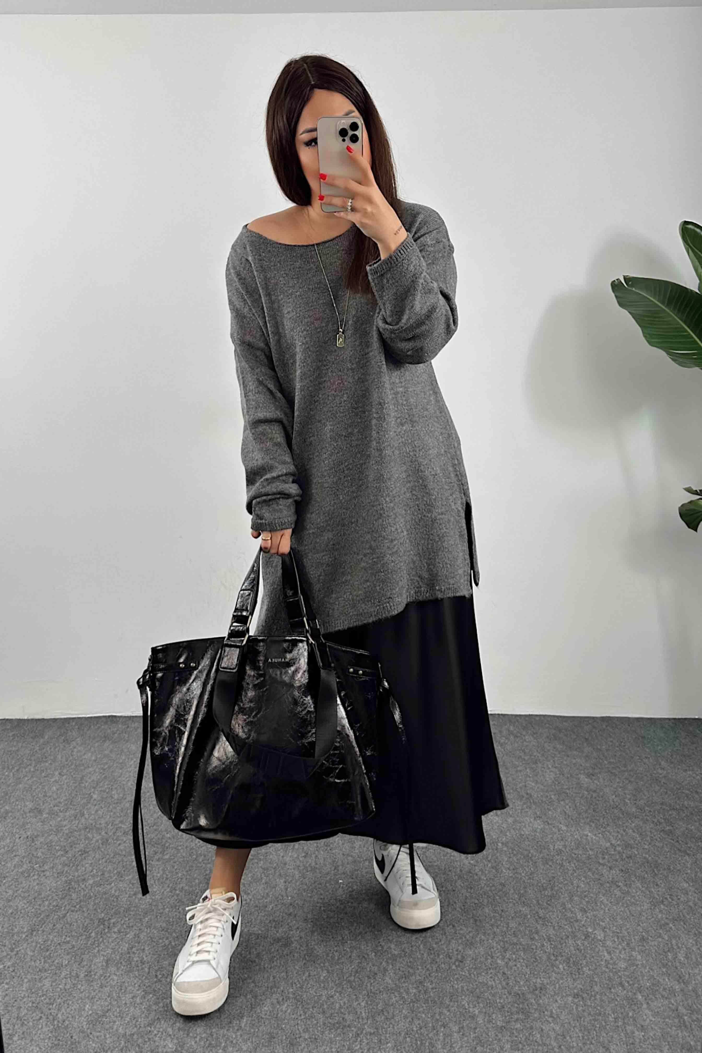 Akrilik Örme Yırtmaç Detay Oversize Kazak Gri