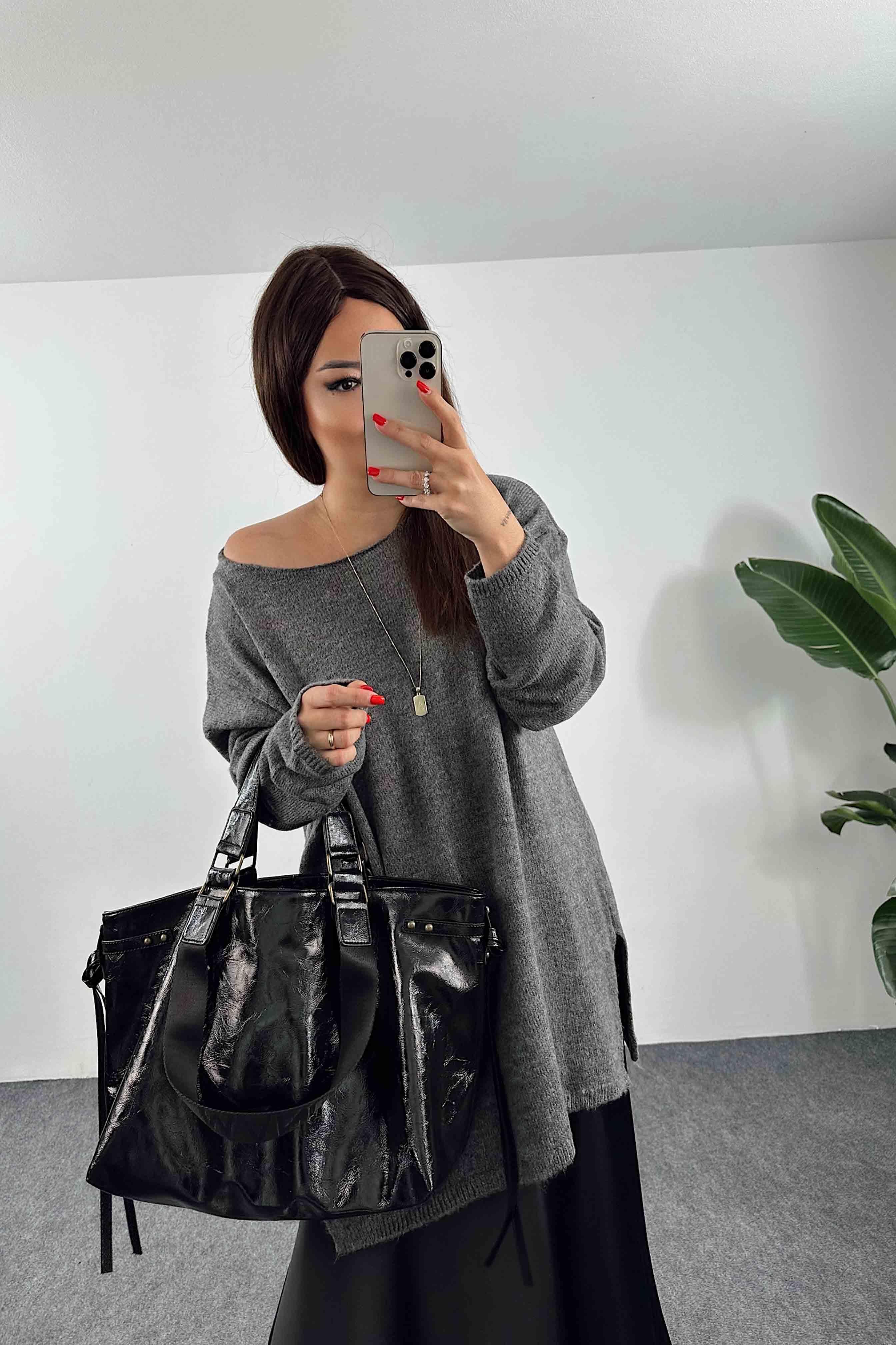 Akrilik Örme Yırtmaç Detay Oversize Kazak Gri