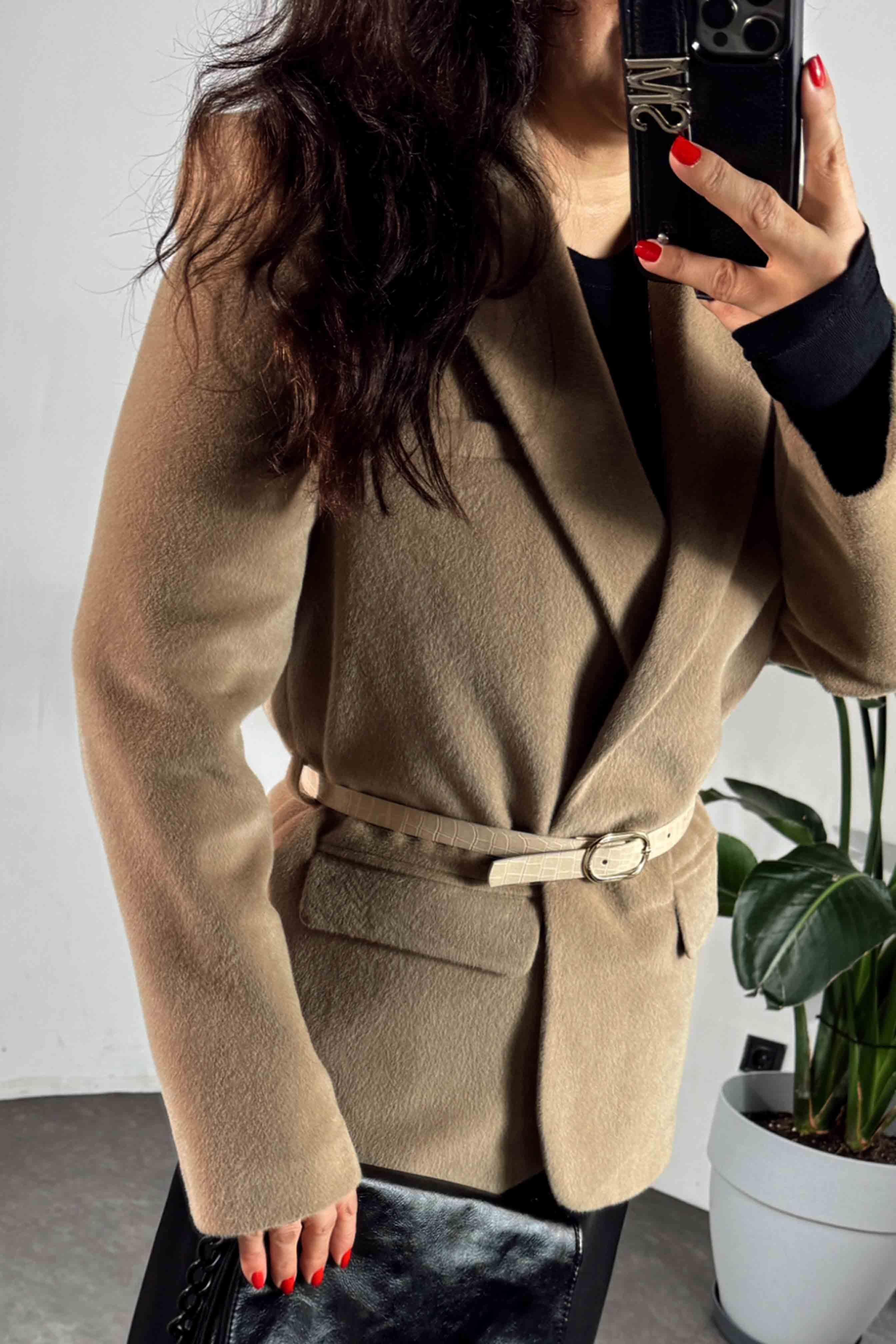 Alpaka Kürk Görünümlü Blazer Ceket Camel