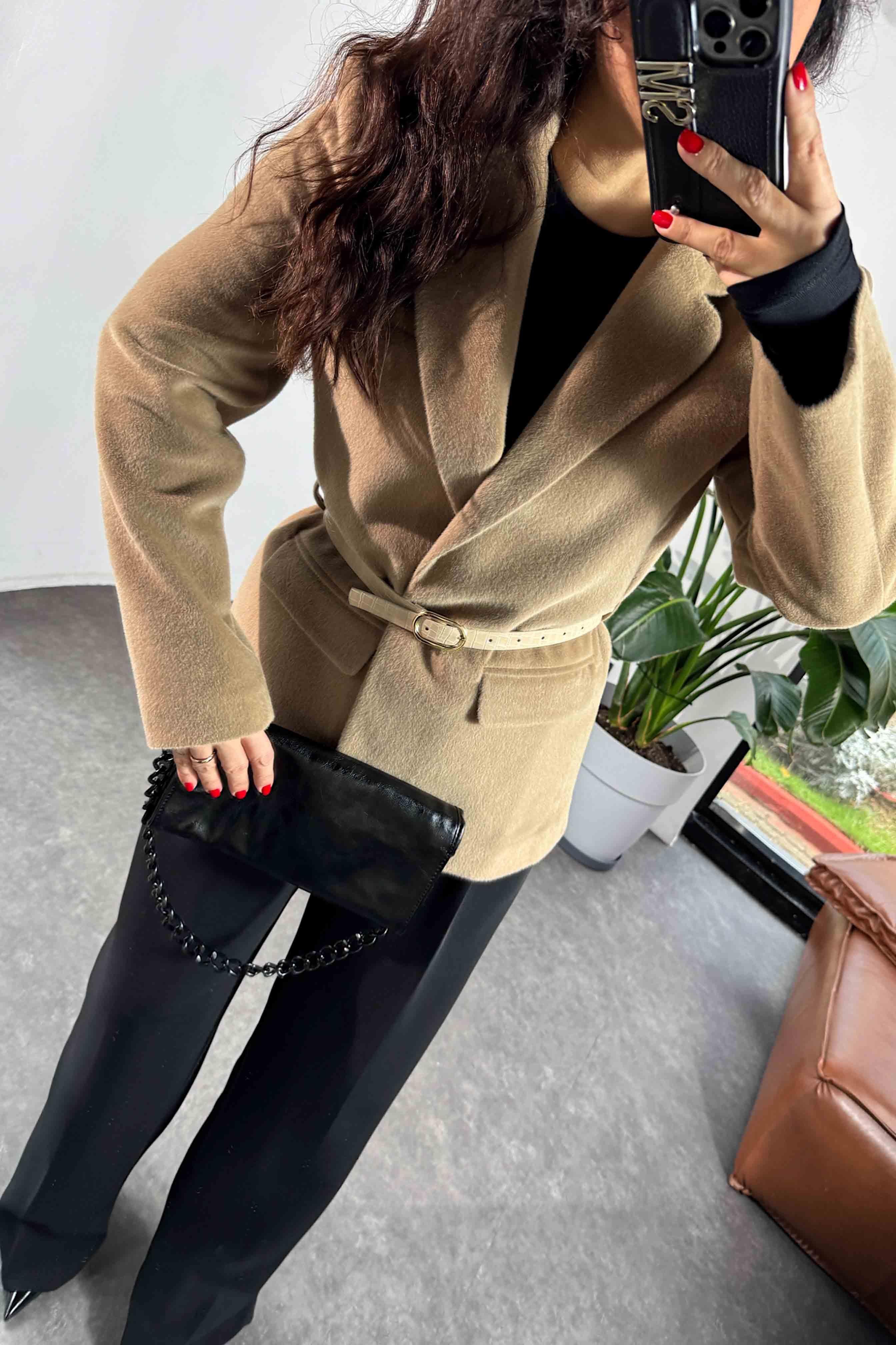 Alpaka Kürk Görünümlü Blazer Ceket Camel