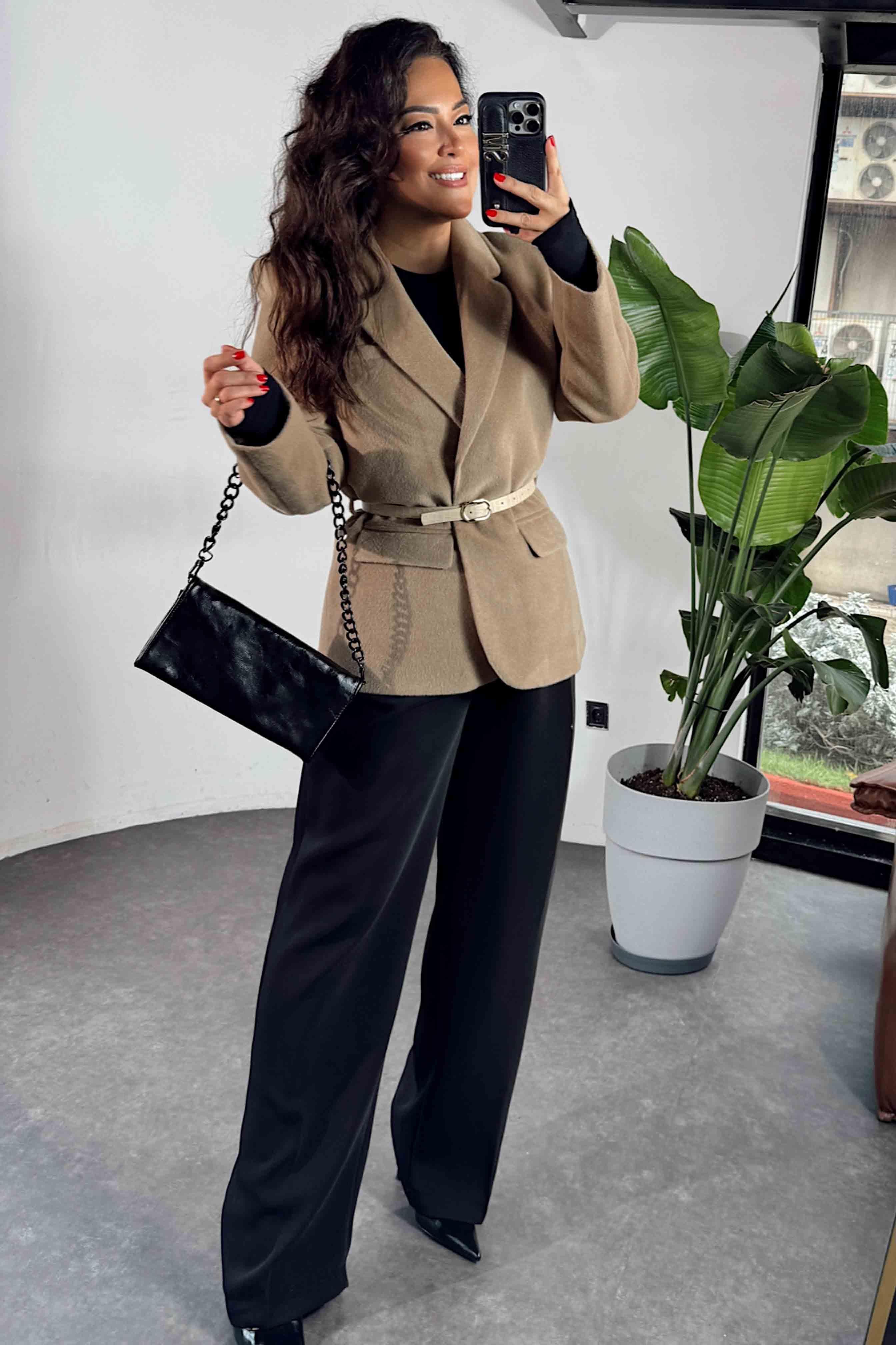 Alpaka Kürk Görünümlü Blazer Ceket Camel