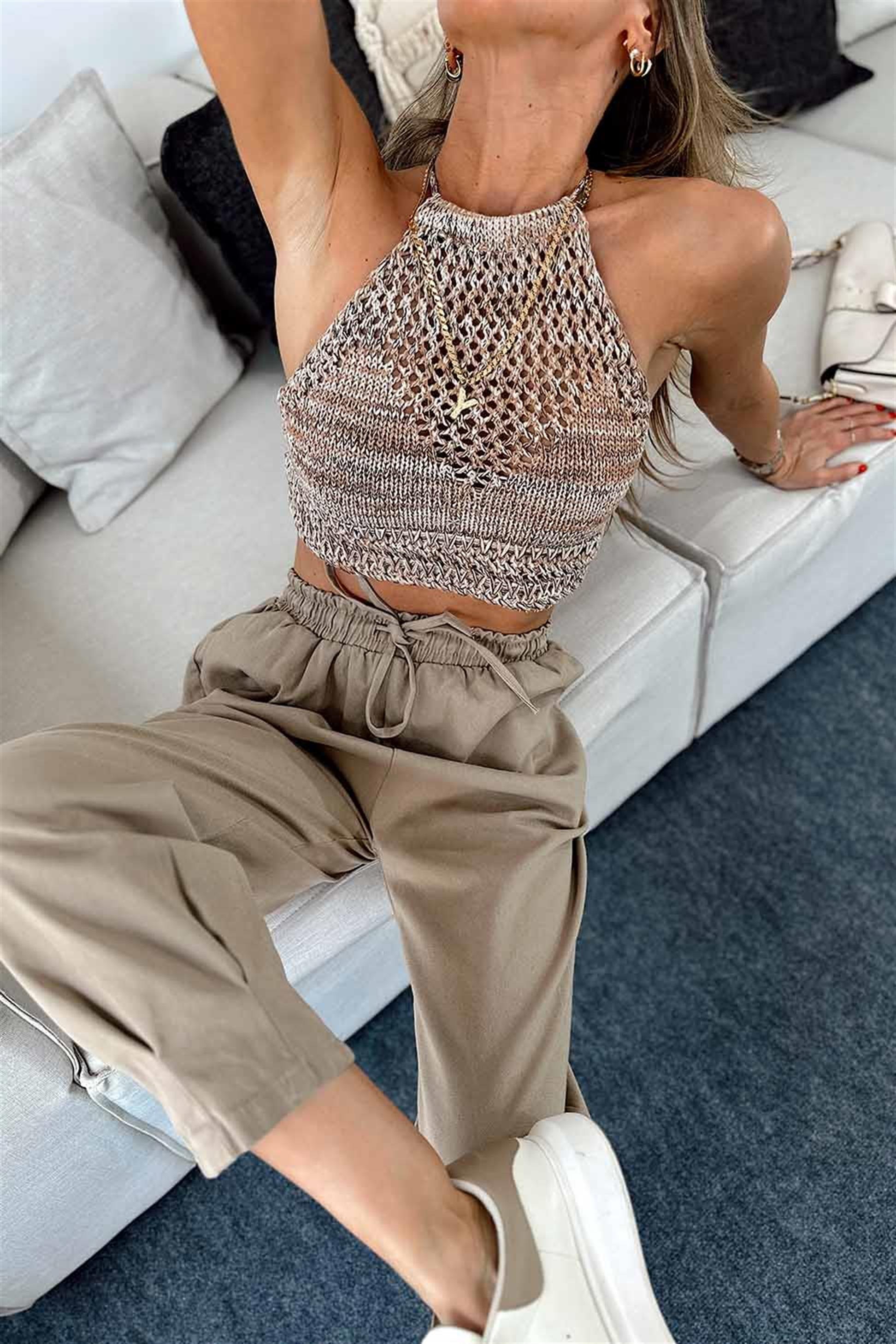 Arkası Bağlamalı Tasarım Crop Top Kahve