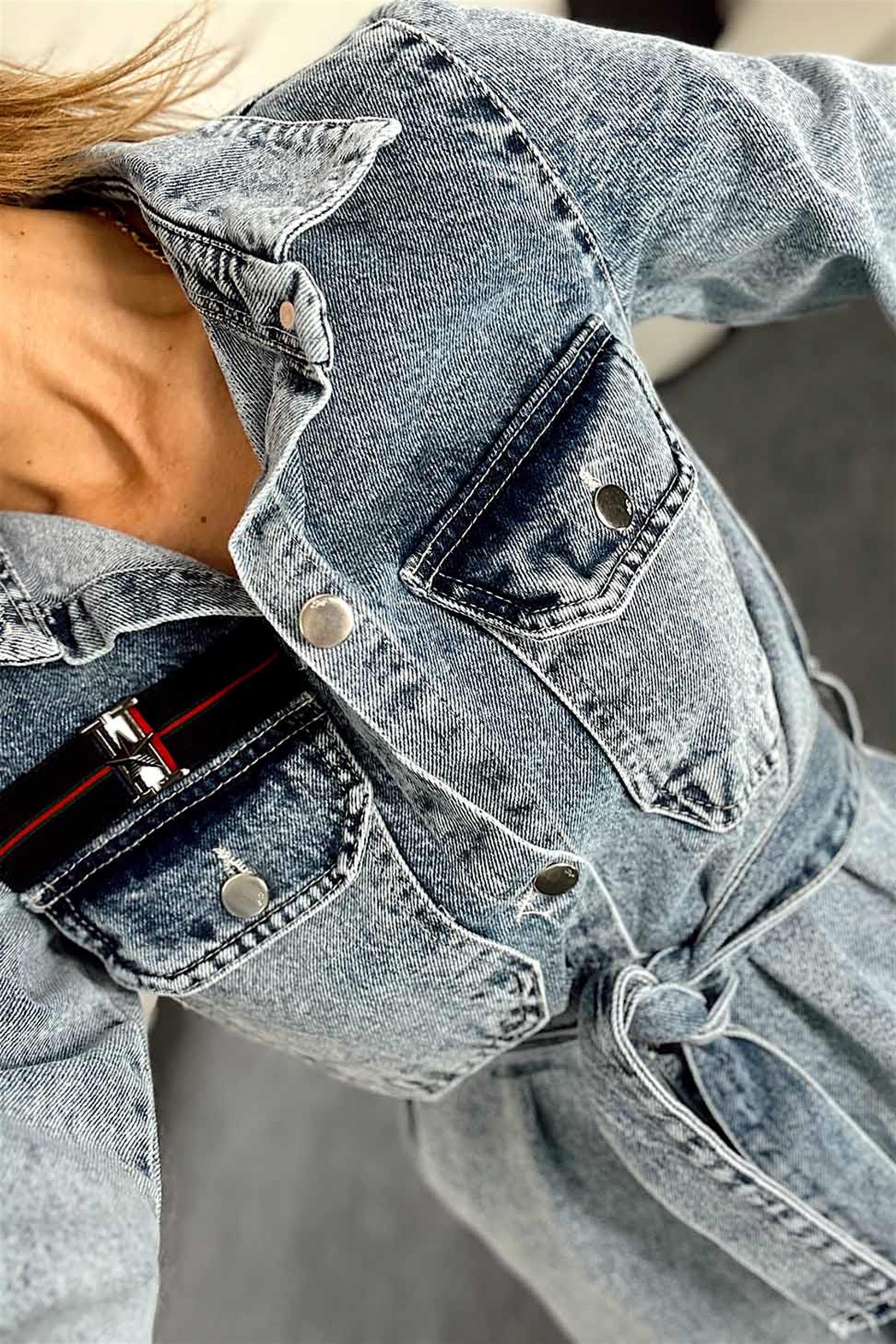 Arma Detay Kuşaklı Denim Elbise Mavi