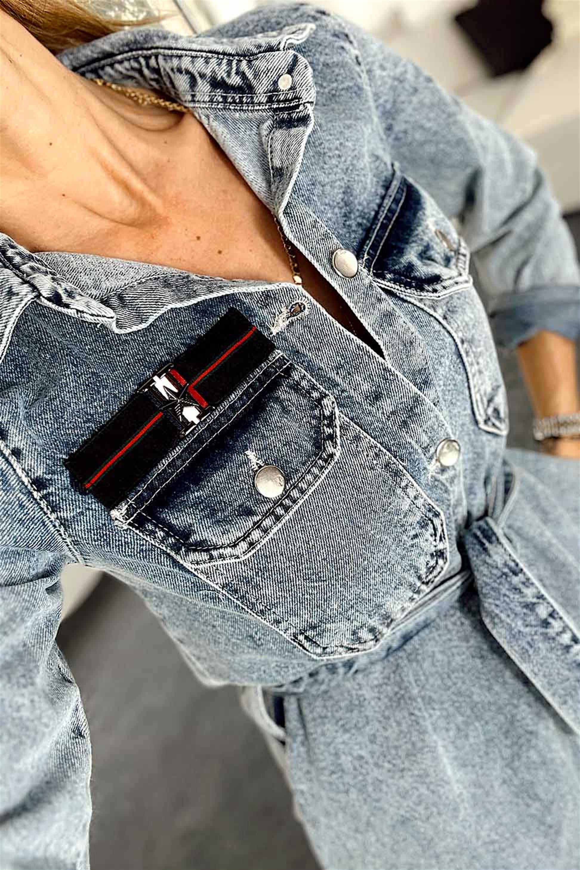 Arma Detay Kuşaklı Denim Elbise Mavi