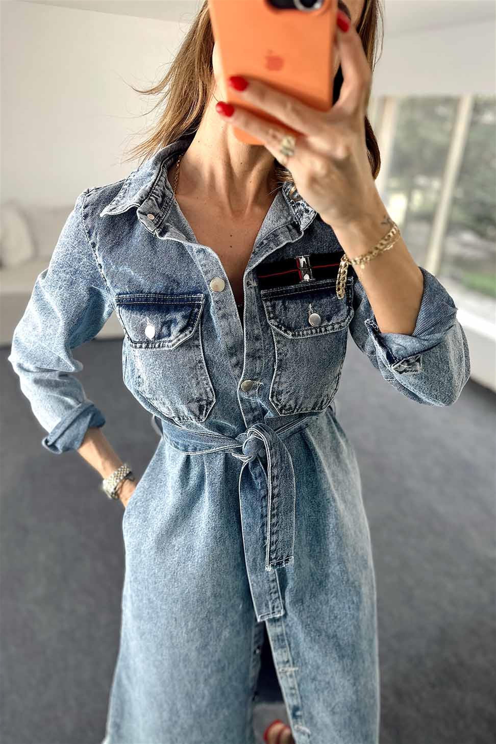 Arma Detay Kuşaklı Denim Elbise Mavi