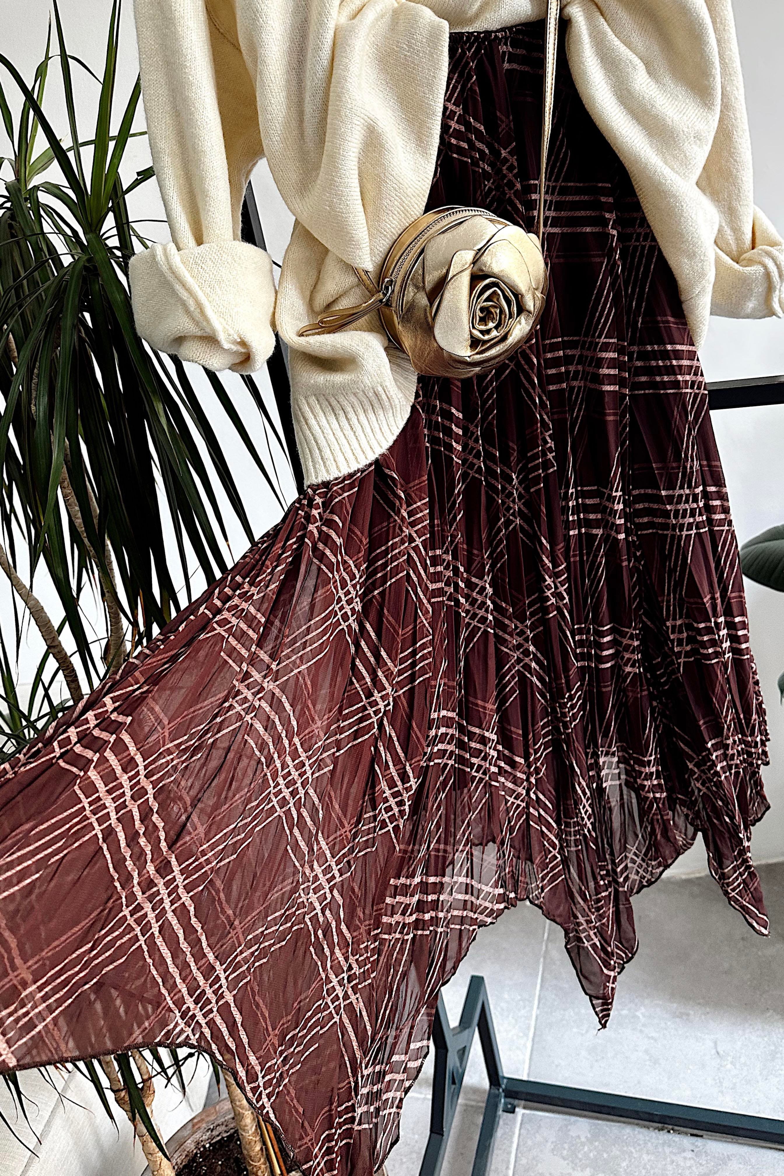Asimetrik Kesim Astarlı Şifon Etek Bordo