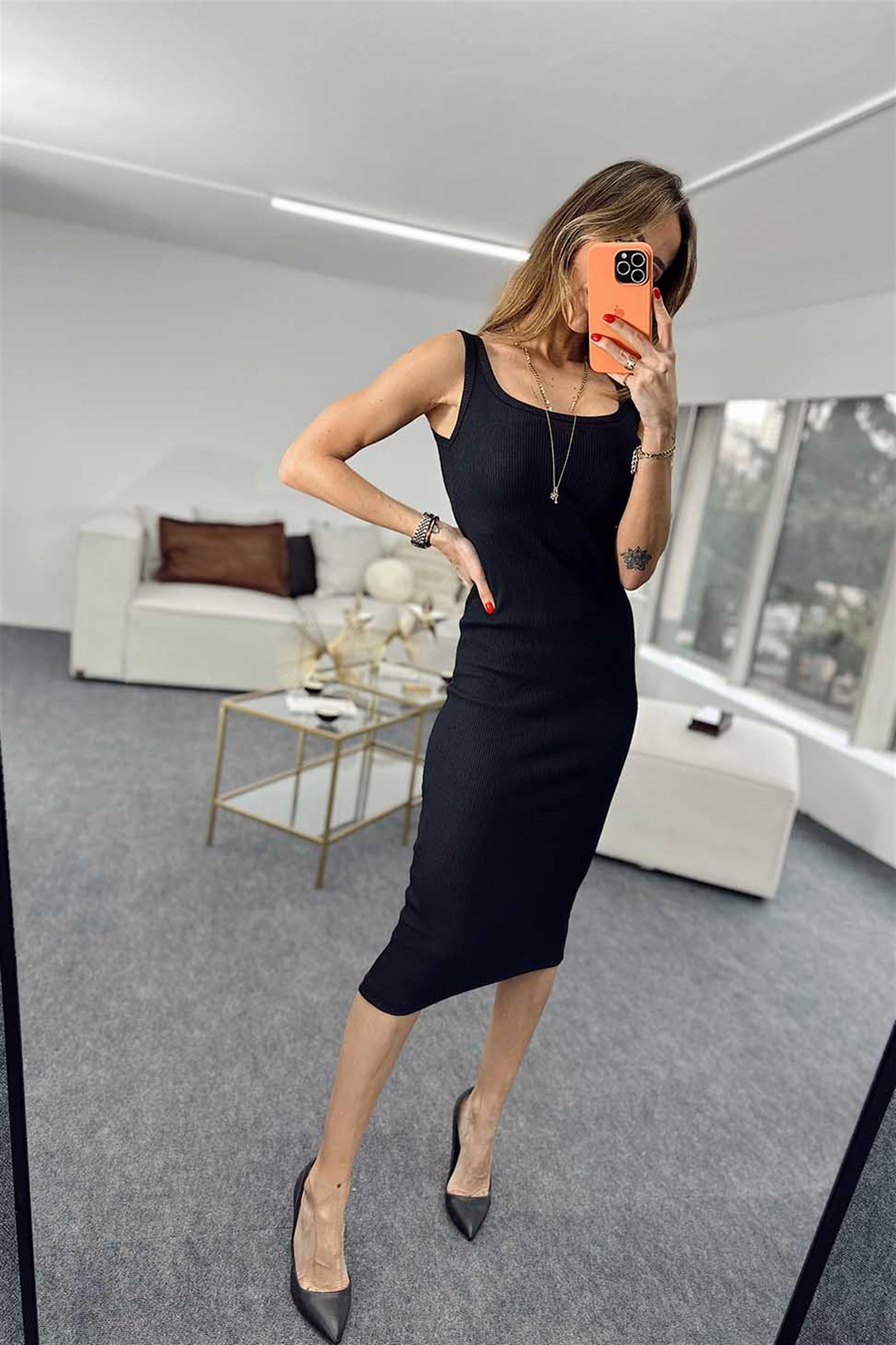 Askılı U Yaka Triko Elbise Siyah