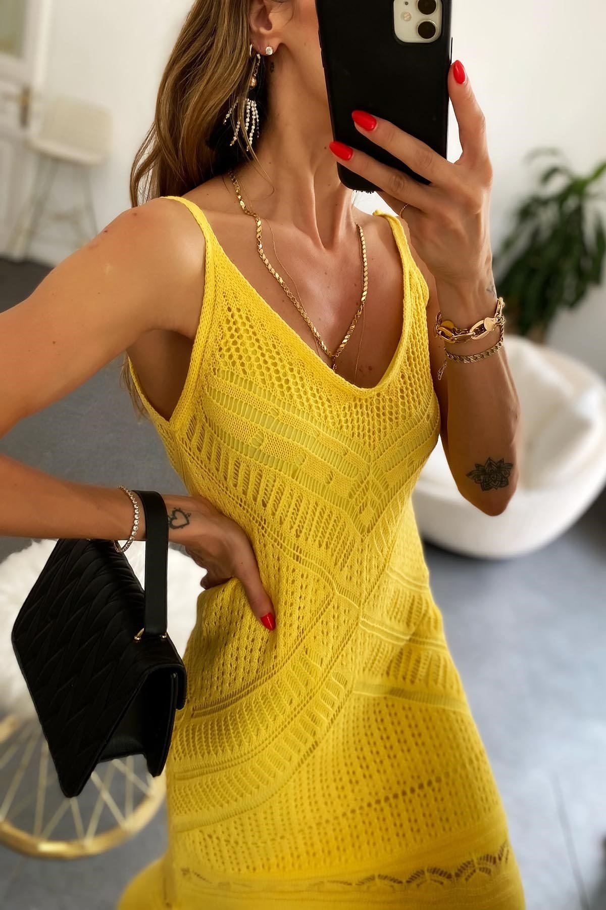 Astarlı Örme Elbise Sarı