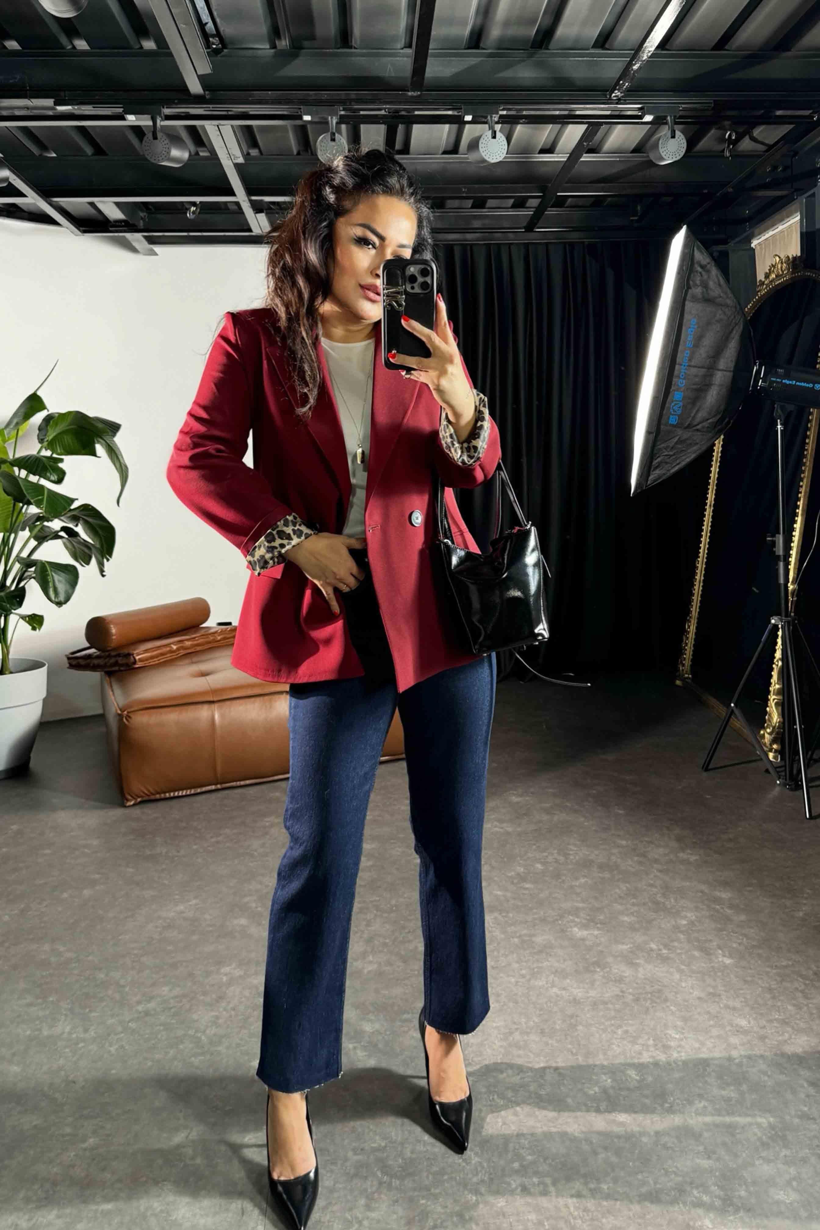 Atlas Kumaş Leopar Astarlı Blazer Kadın Ceket Bordo