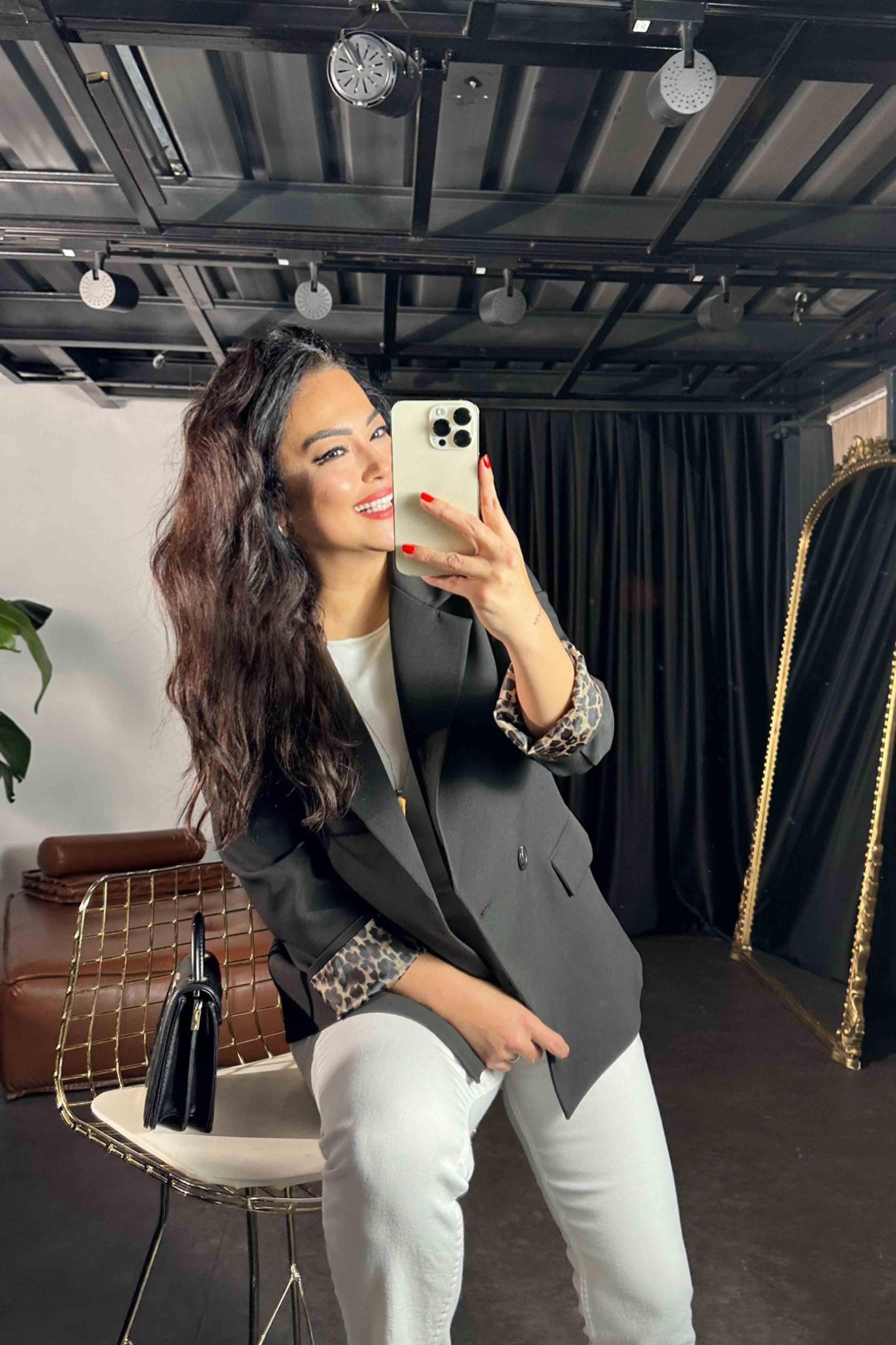 Atlas Kumaş Leopar Astarlı Blazer Kadın Ceket Siyah
