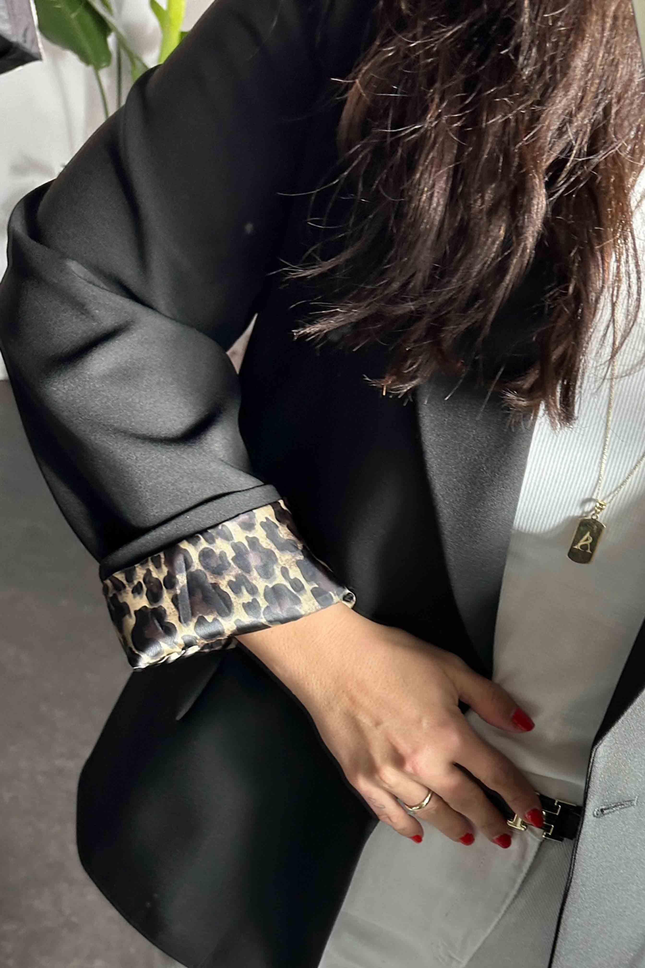 Atlas Kumaş Leopar Astarlı Blazer Kadın Ceket Siyah