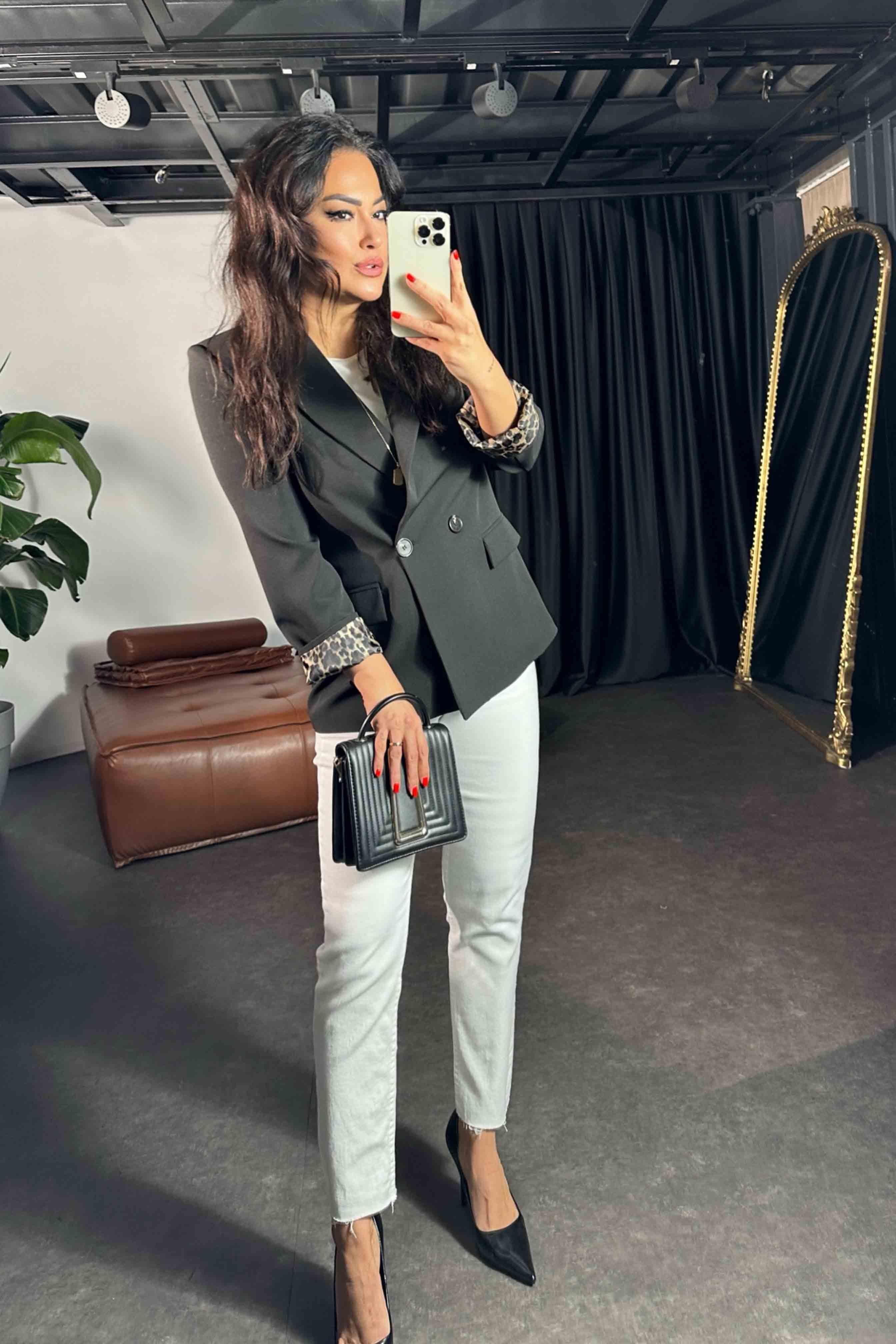 Atlas Kumaş Leopar Astarlı Blazer Kadın Ceket Siyah