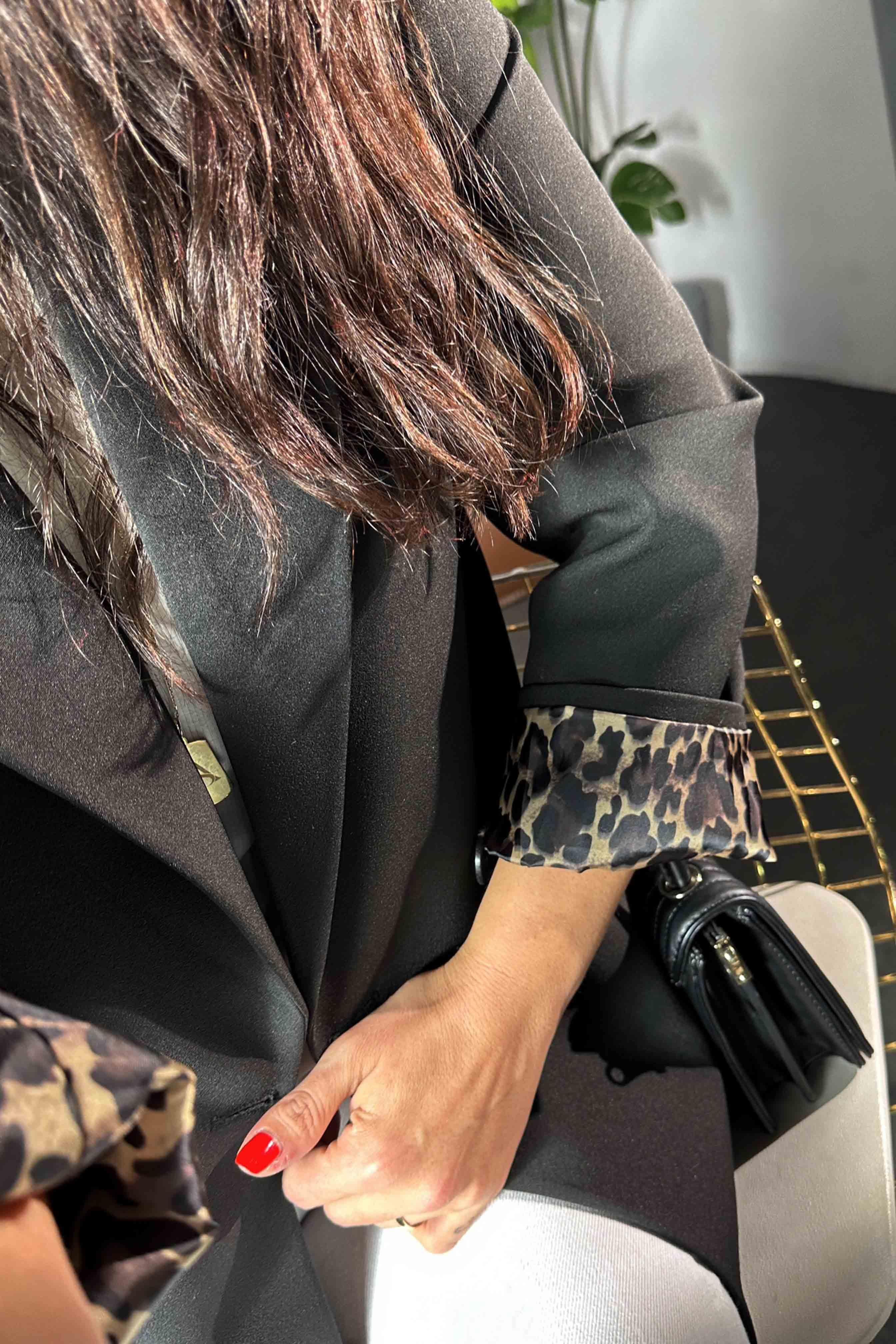 Atlas Kumaş Leopar Astarlı Blazer Kadın Ceket Siyah