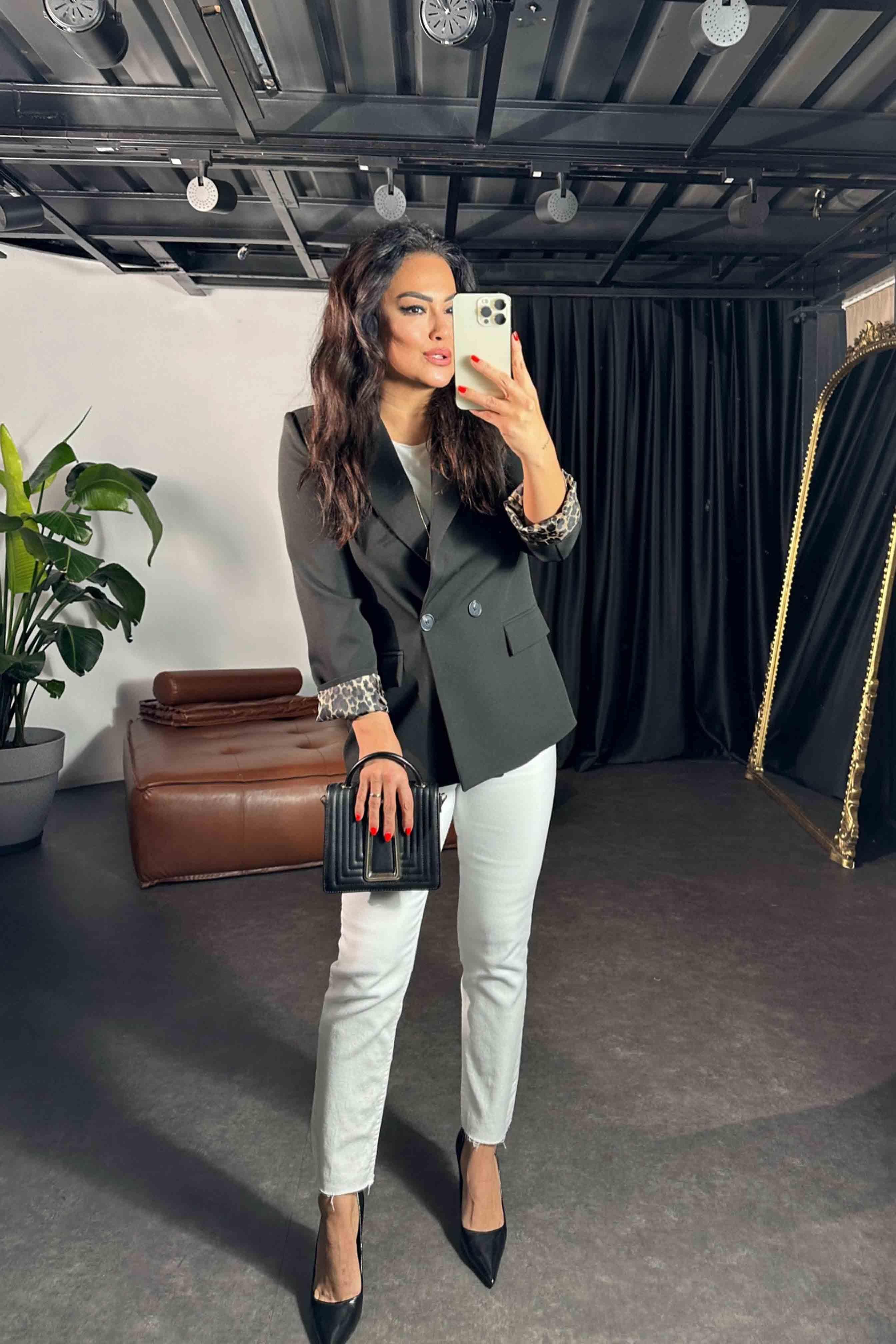Atlas Kumaş Leopar Astarlı Blazer Kadın Ceket Siyah