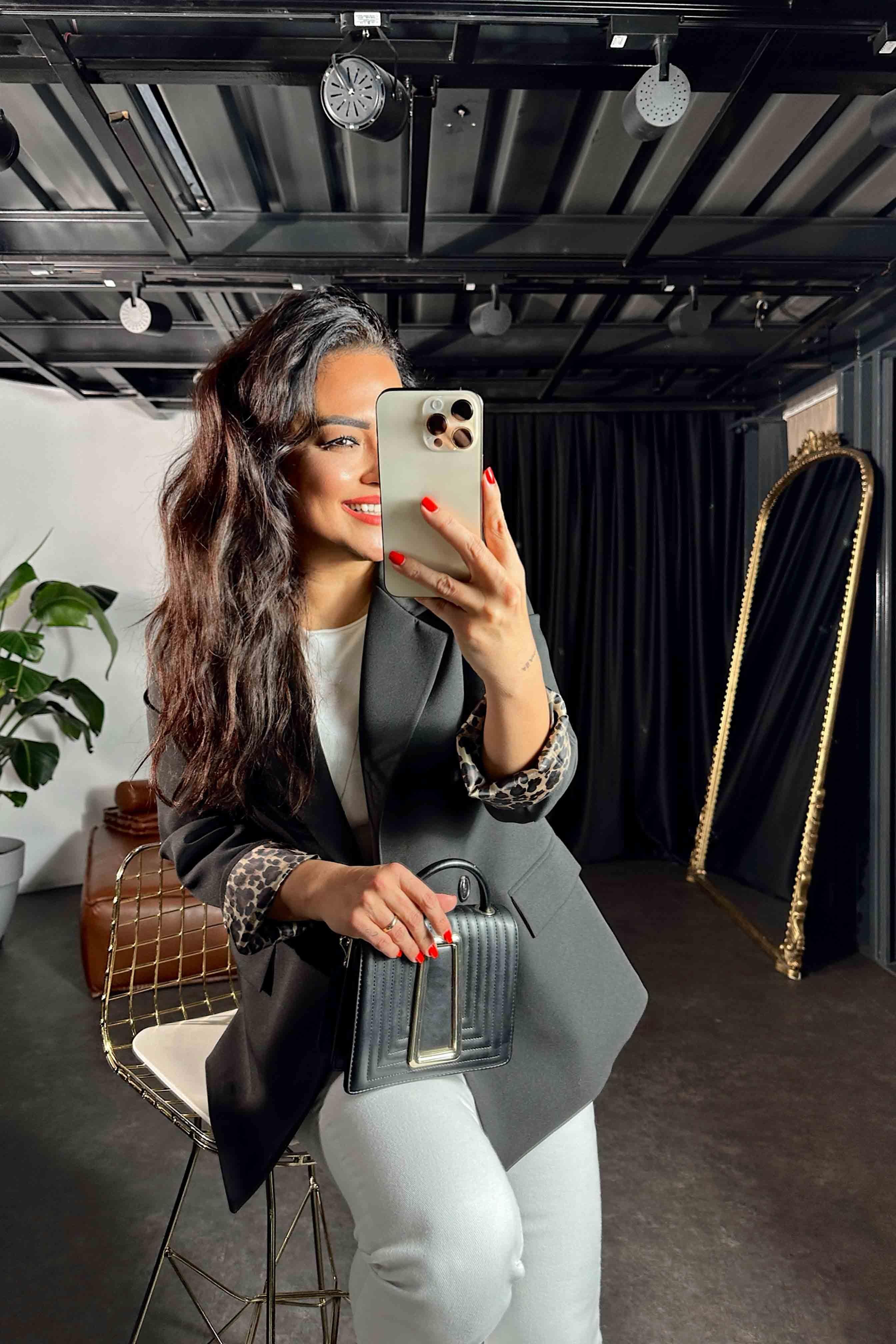 Atlas Kumaş Leopar Astarlı Blazer Kadın Ceket Siyah