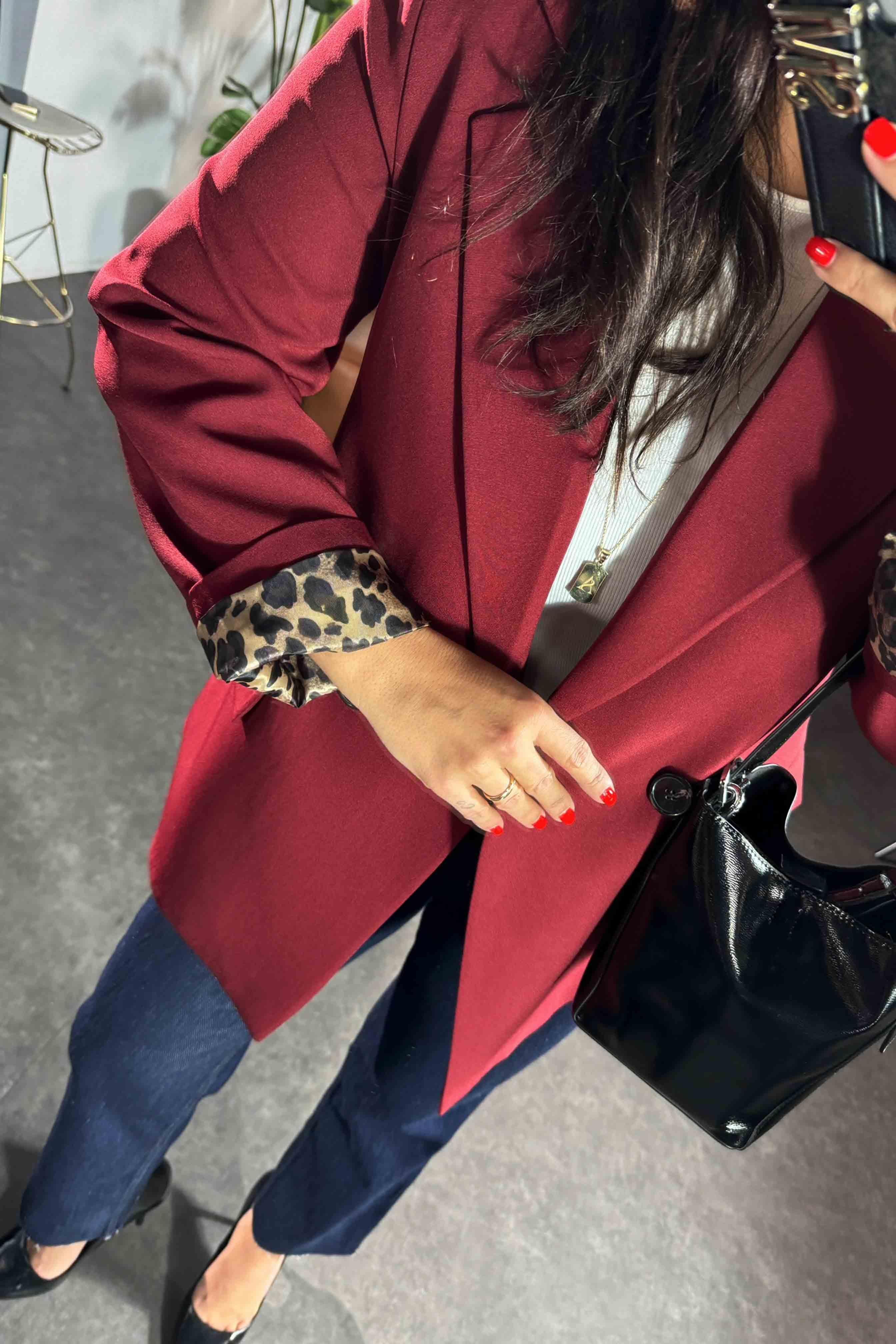 Atlas Kumaş Leopar Astarlı Blazer Kadın Ceket Bordo